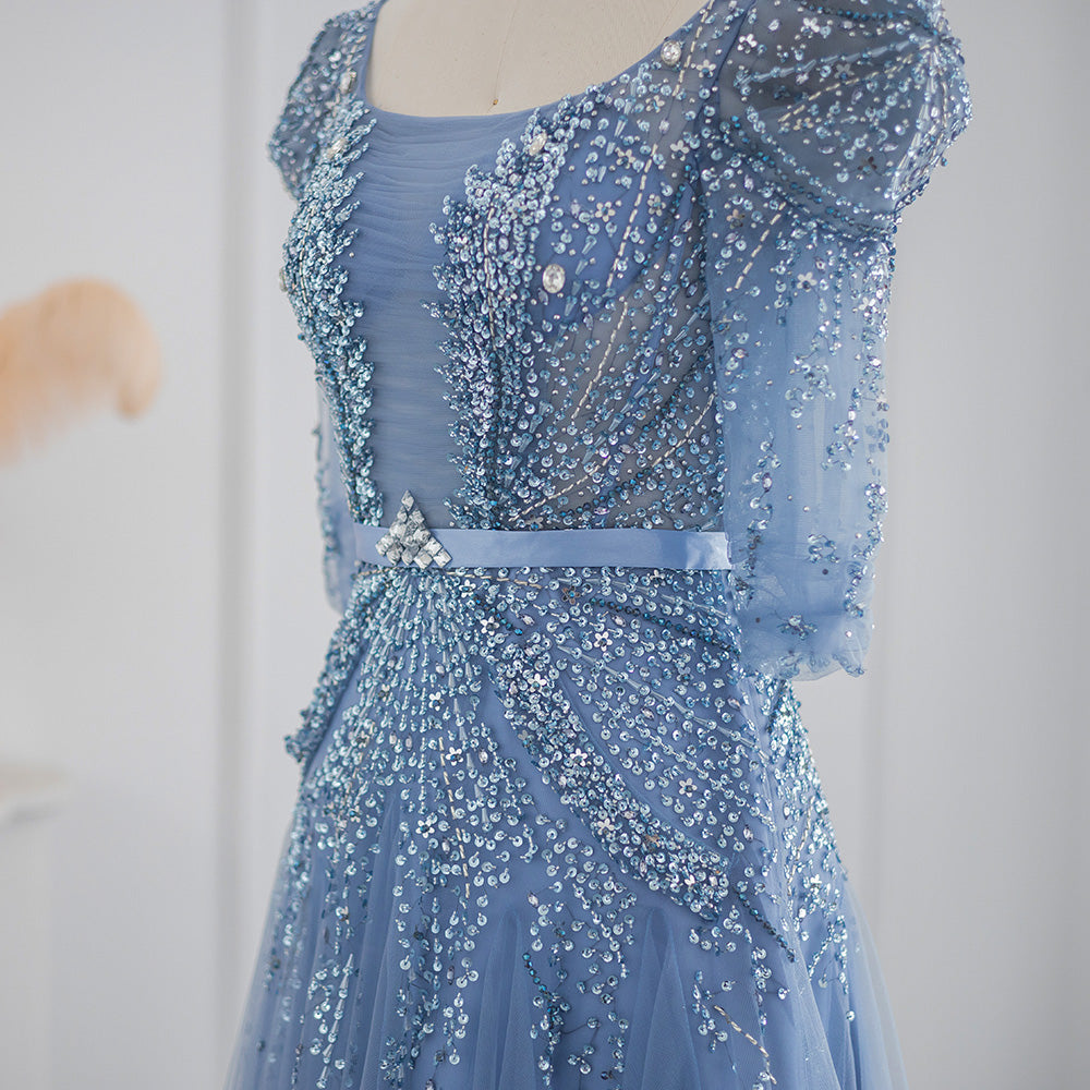 For Sale Luxury Beaded Blue Evening Dress with Half Sleeves SS240