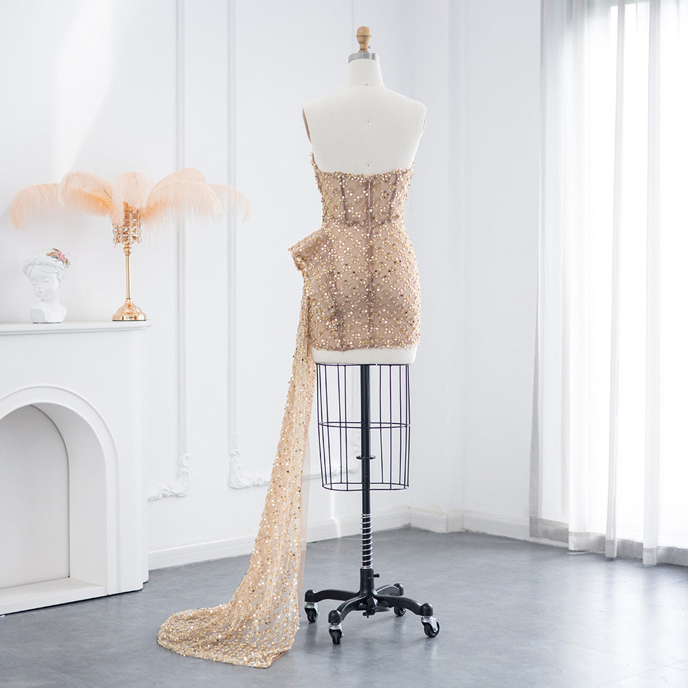 Luxury Champagne Sequin Strapless Short Cocktail Dress RM002