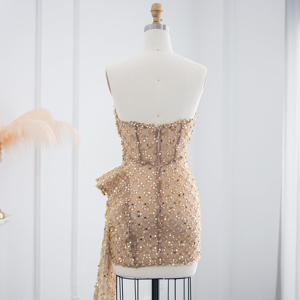 Luxury Champagne Sequin Strapless Short Cocktail Dress RM002