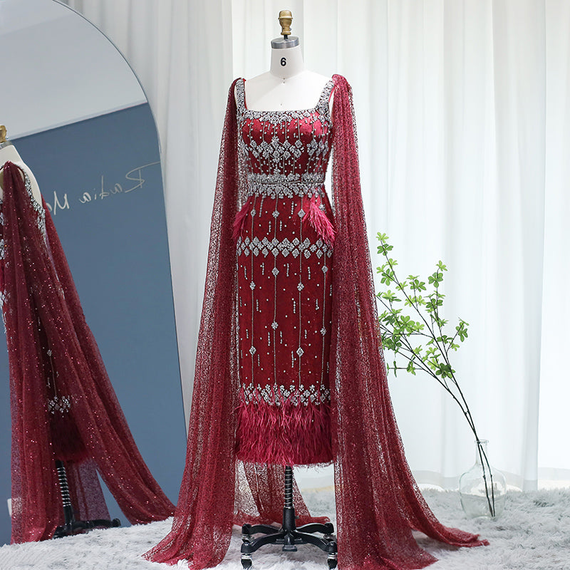 Luxury Gray Feather Straight Evening Dress with Cape Sleeves SS279  Burgundy / US 18