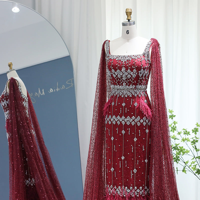 Luxury Gray Feather Straight Evening Dress with Cape Sleeves SS279