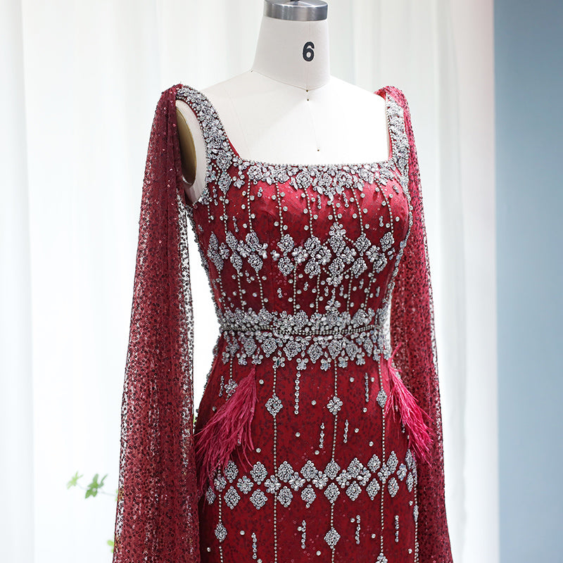 Luxury Gray Feather Straight Evening Dress with Cape Sleeves SS279