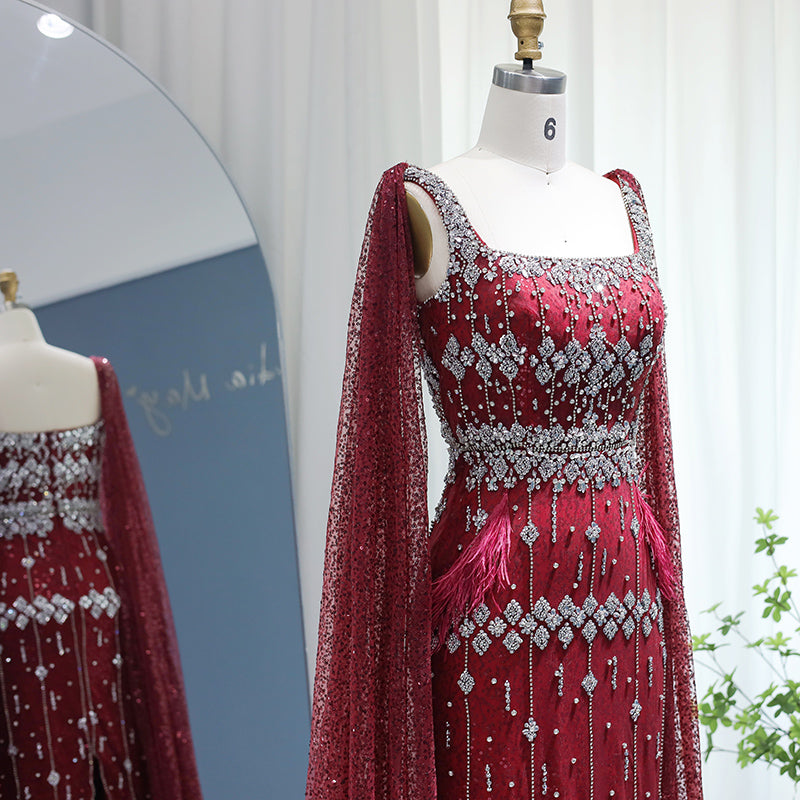 Luxury Gray Feather Straight Evening Dress with Cape Sleeves SS279