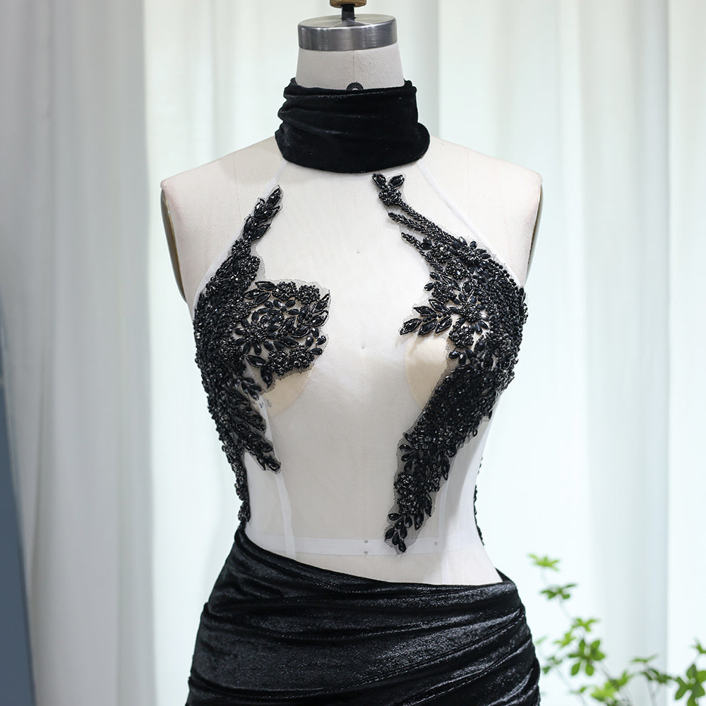 Sexy Halter Beaded Black Short Cocktail Party Dress RM007