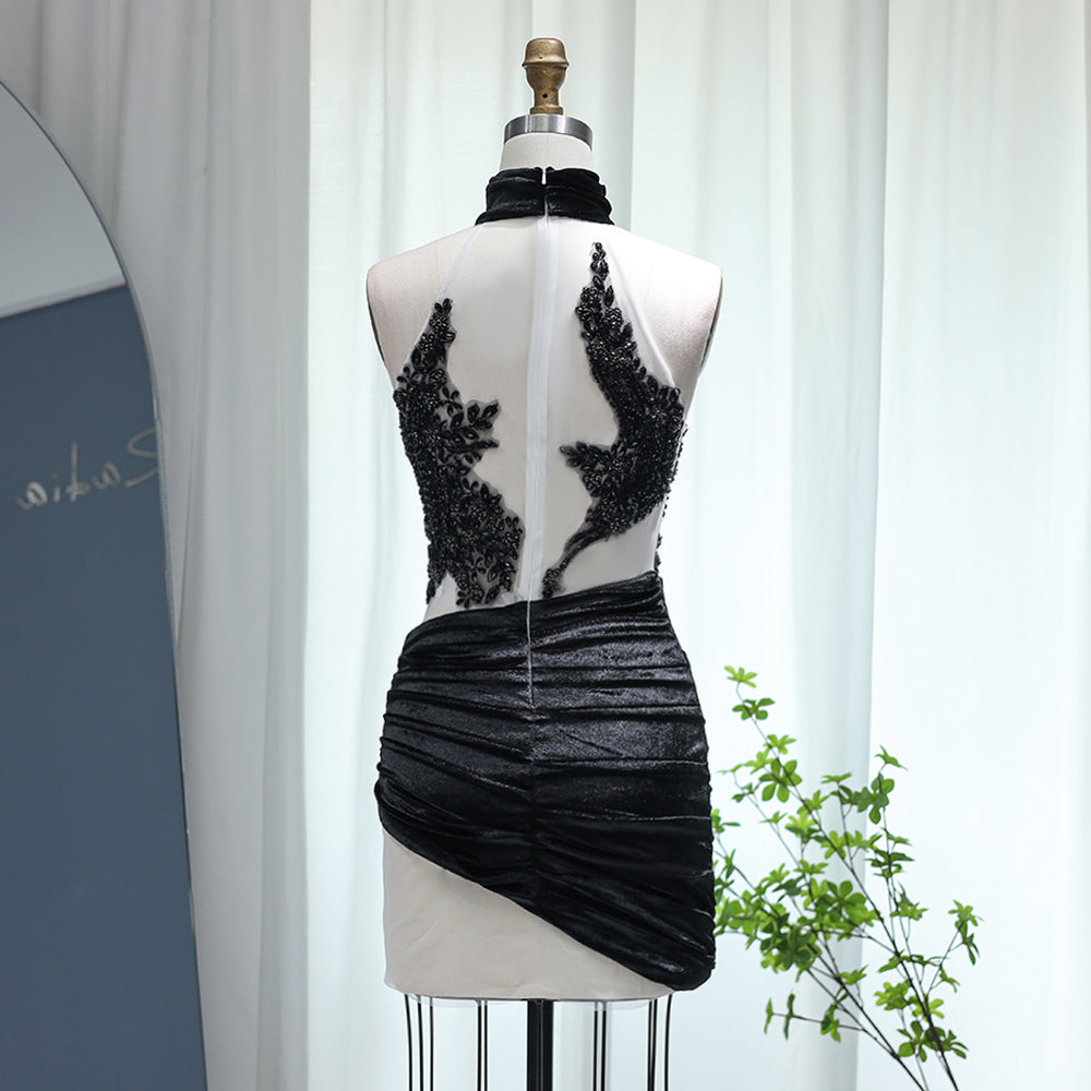 Sexy Halter Beaded Black Short Cocktail Party Dress RM007