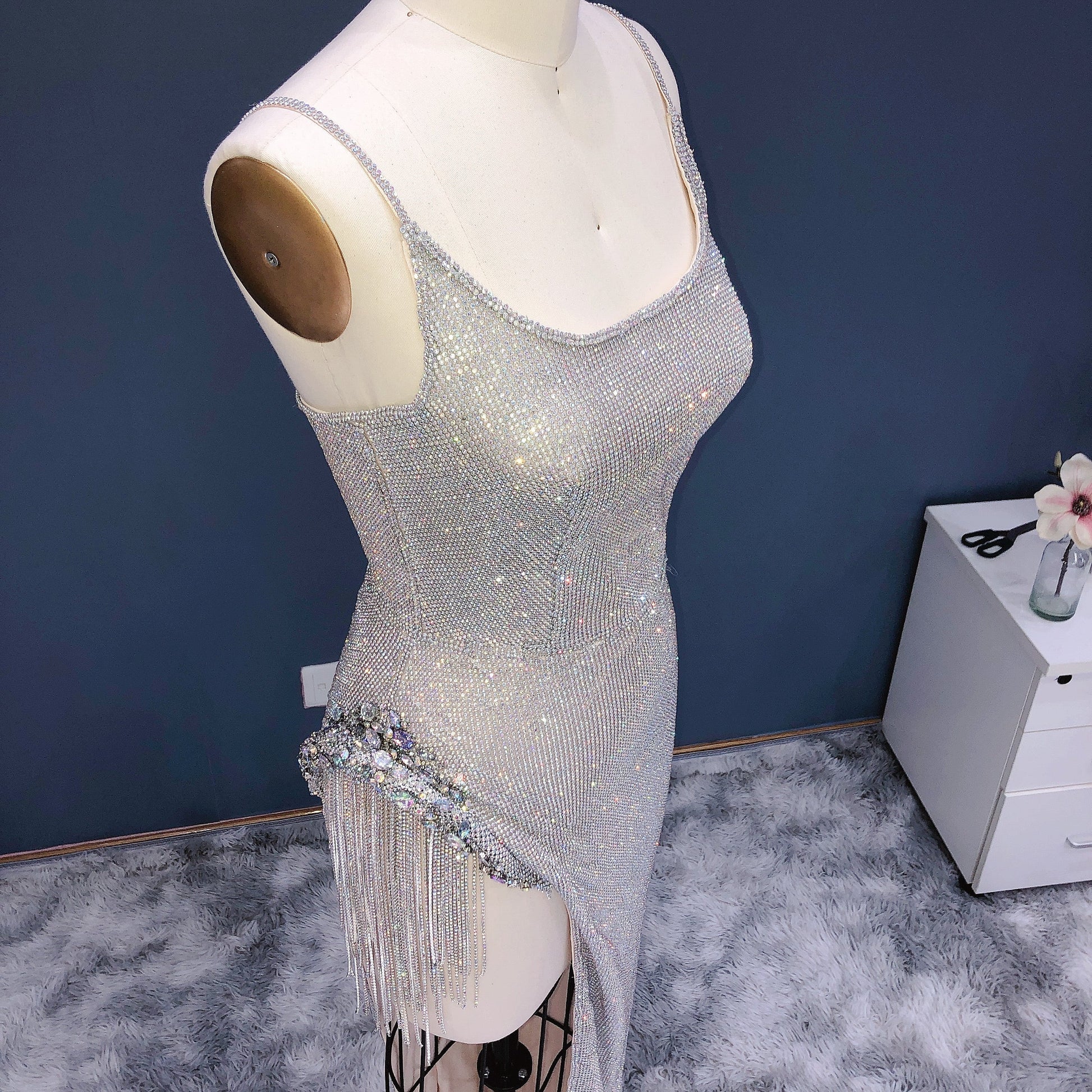 Luxury Crystal Tassels Spaghetti High Slit Cocktail Dress RM019