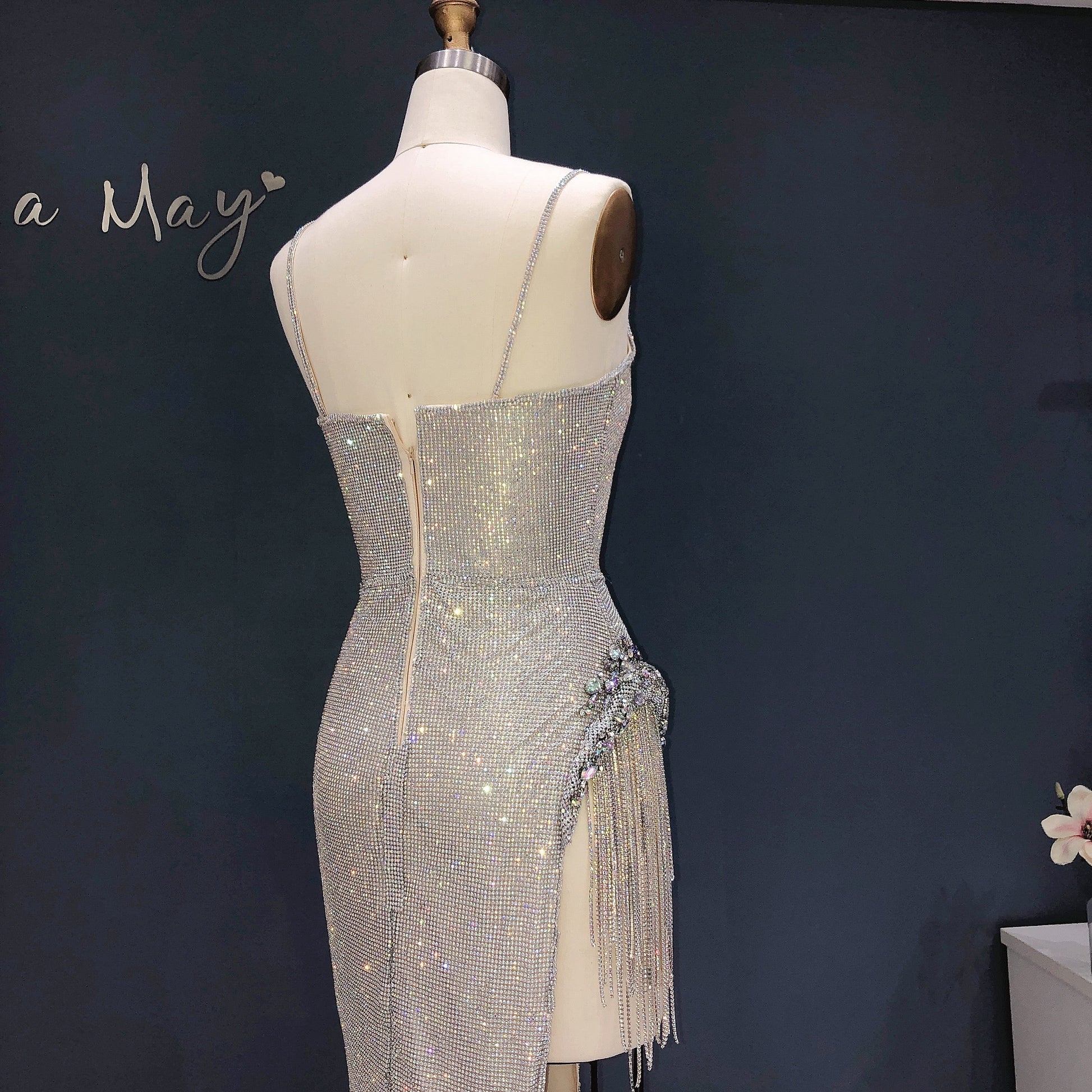 Luxury Crystal Tassels Spaghetti High Slit Cocktail Dress RM019