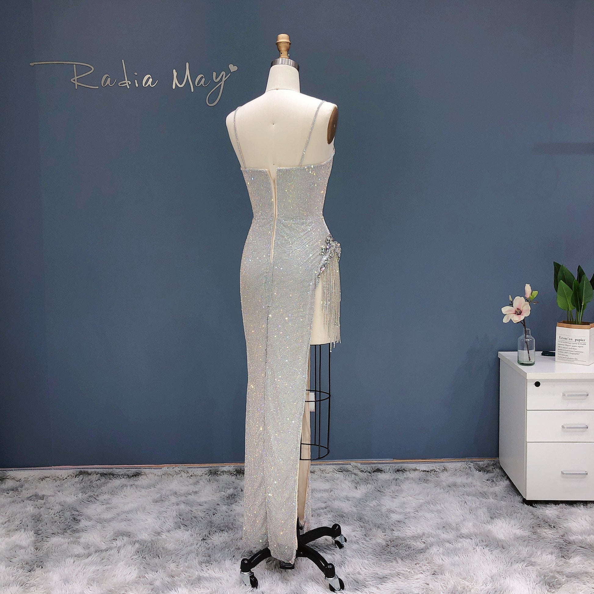 Luxury Crystal Tassels Spaghetti High Slit Cocktail Dress RM019