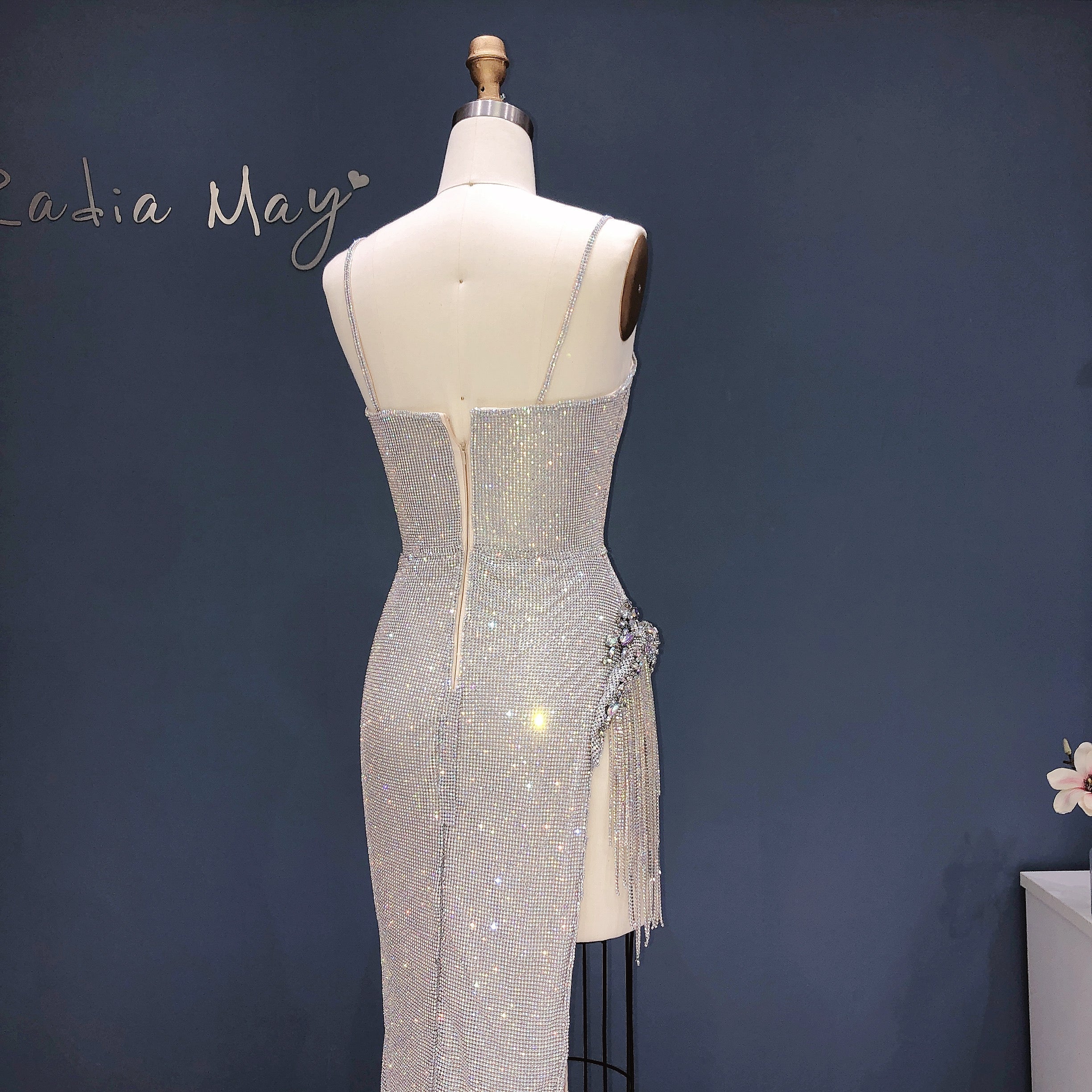 Luxury Crystal Tassels Spaghetti High Slit Cocktail Dress RM019