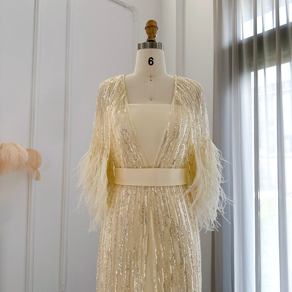 Dreamy Vow Light Yellow Luxury Dubai Feathers Evening Dresses for Women Wedding Party Arabic Purple Formal Prom Gowns 430