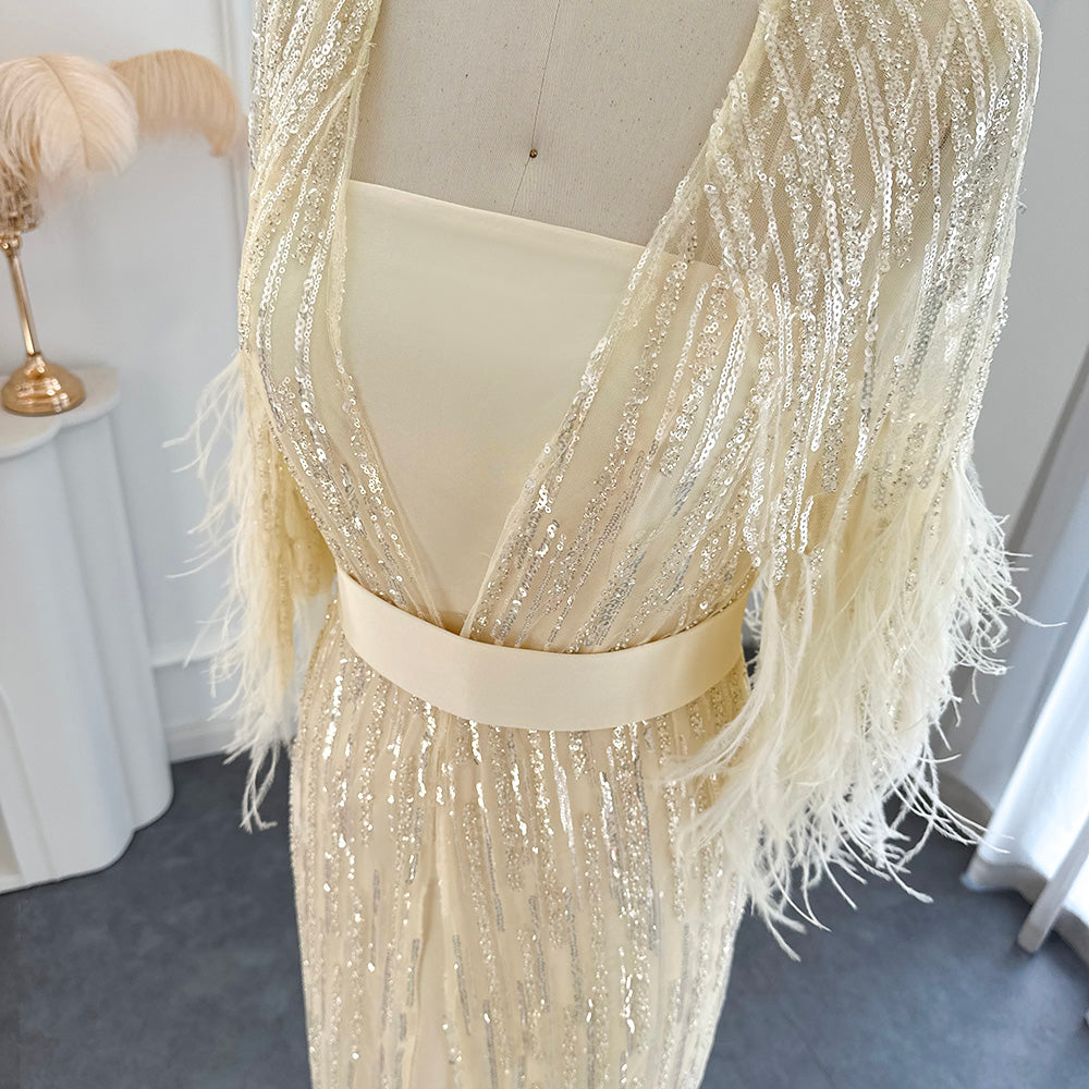 Dreamy Vow Light Yellow Luxury Dubai Feathers Evening Dresses for Women Wedding Party Arabic Purple Formal Prom Gowns 430