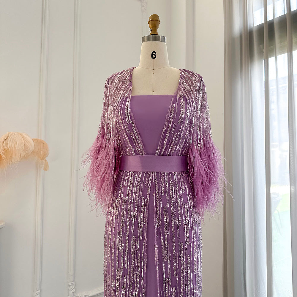 Dreamy Vow Light Yellow Luxury Dubai Feathers Evening Dresses for Women Wedding Party Arabic Purple Formal Prom Gowns 430