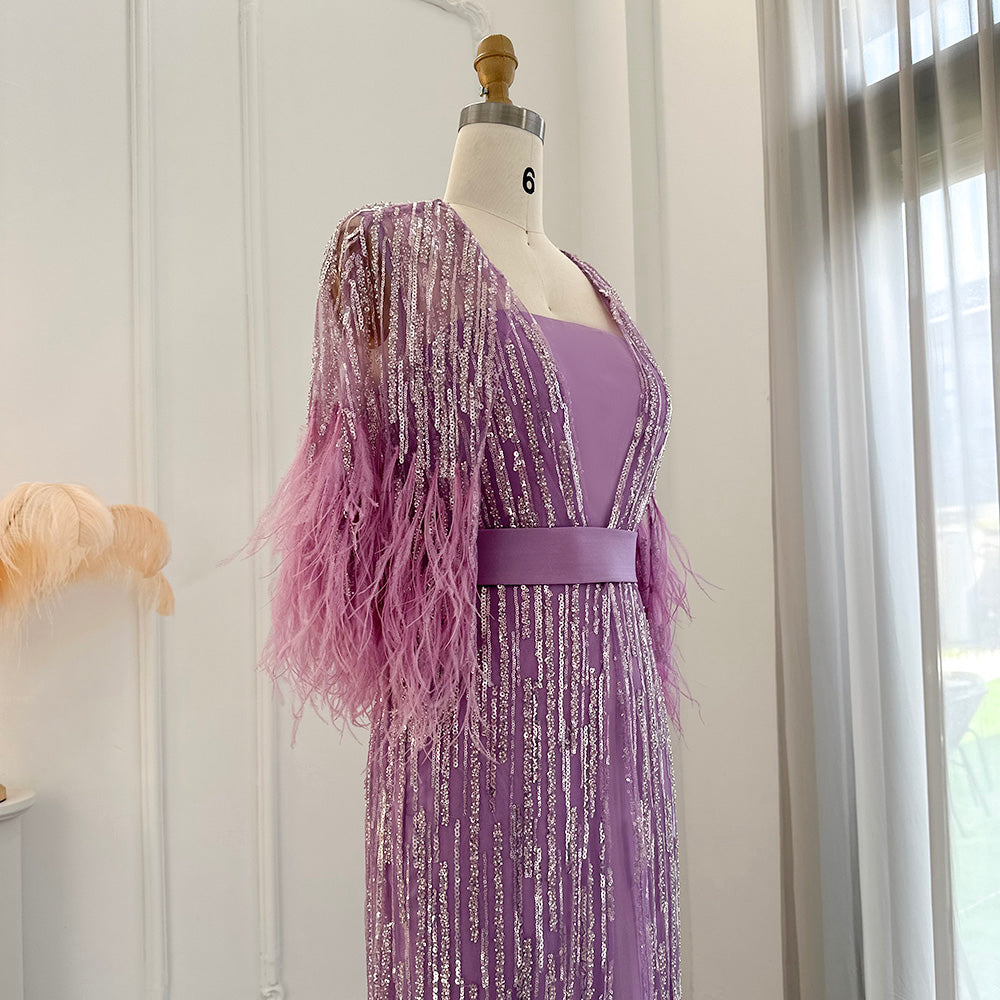 Dreamy Vow Light Yellow Luxury Dubai Feathers Evening Dresses for Women Wedding Party Arabic Purple Formal Prom Gowns 430