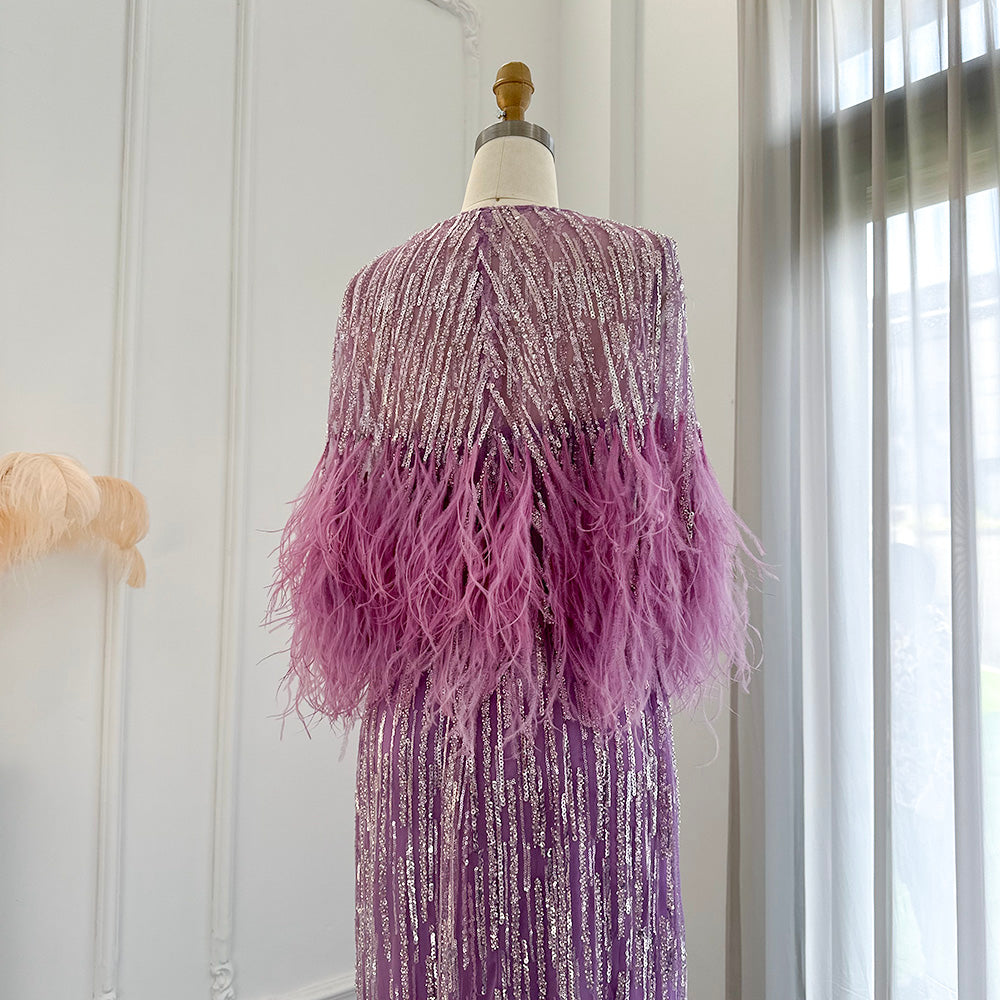 Dreamy Vow Light Yellow Luxury Dubai Feathers Evening Dresses for Women Wedding Party Arabic Purple Formal Prom Gowns 430