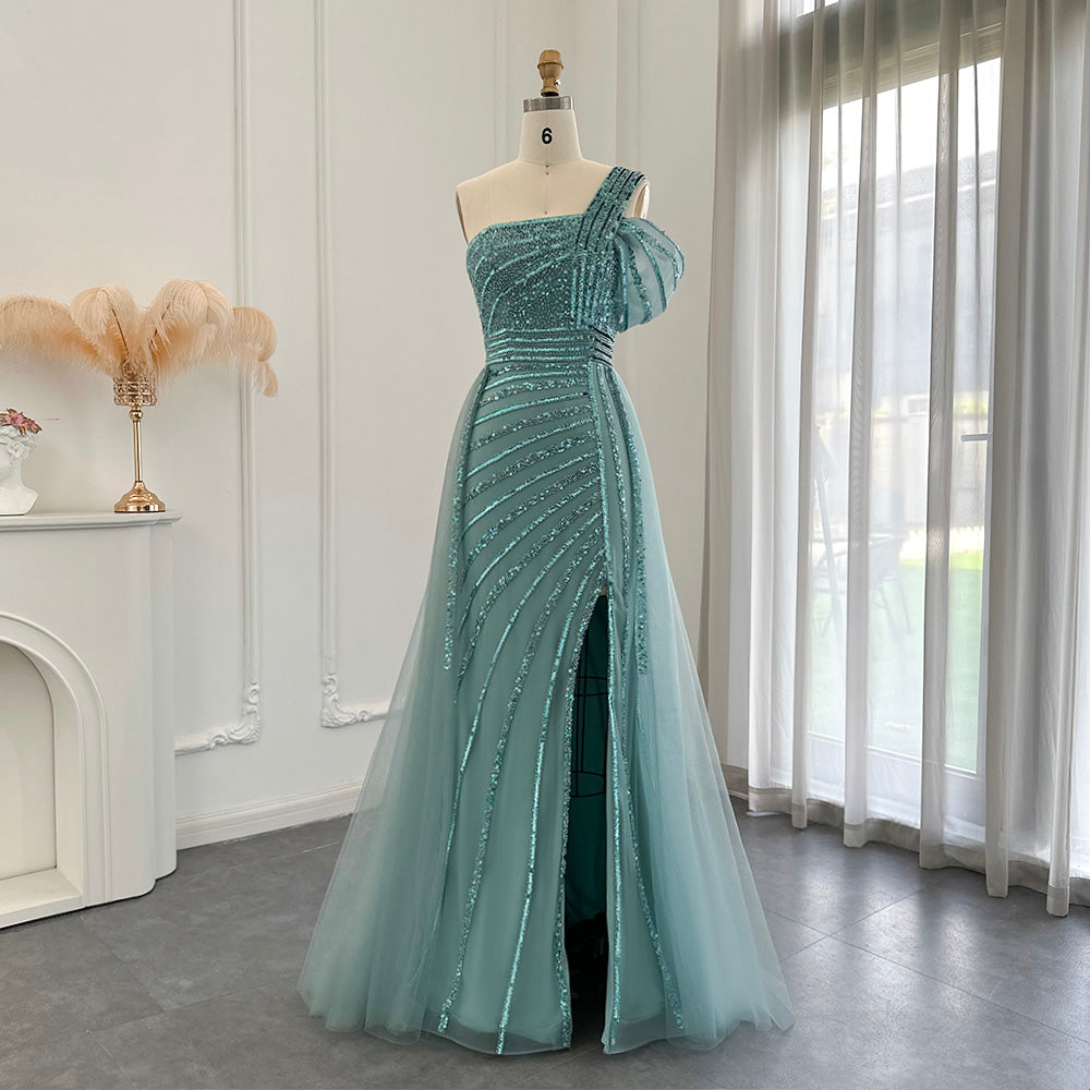 Luxury Green One Shoulder Evening Dress with Overskirt SS016