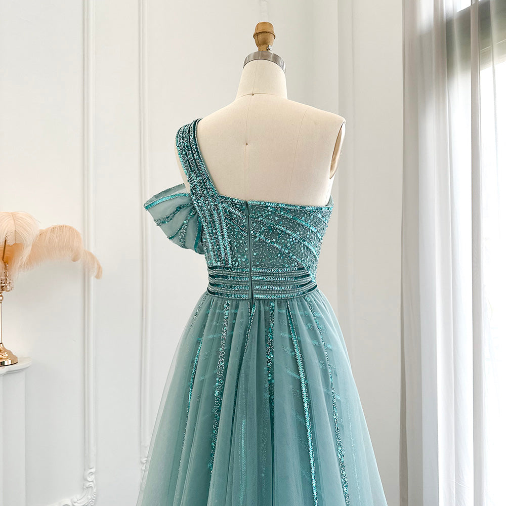 Luxury Green One Shoulder Evening Dress with Overskirt SS016