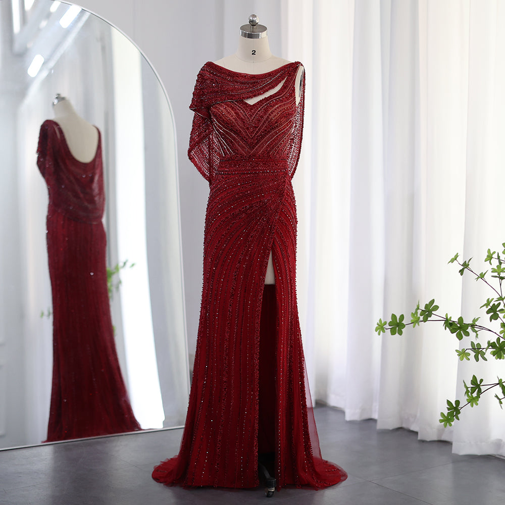 Luxury Beaded Silver Slit Mermaid Evening Dress with Cape SS035  Burgundy / US 20
