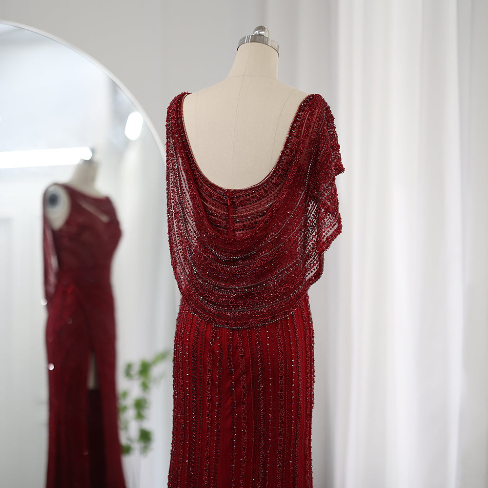 Luxury Beaded Silver Slit Mermaid Evening Dress with Cape SS035