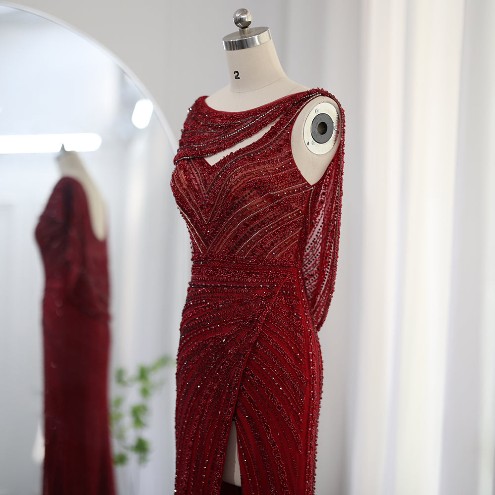 Luxury Beaded Silver Slit Mermaid Evening Dress with Cape SS035