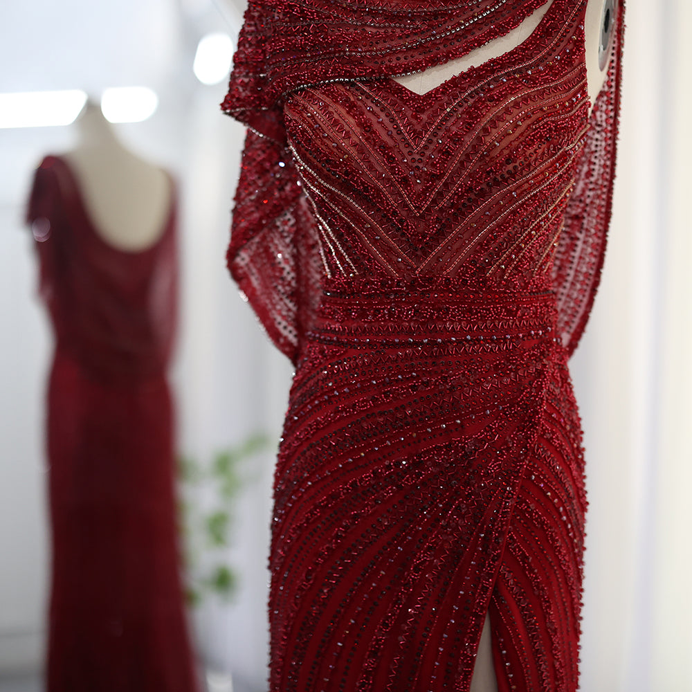 Luxury Beaded Silver Slit Mermaid Evening Dress with Cape SS035