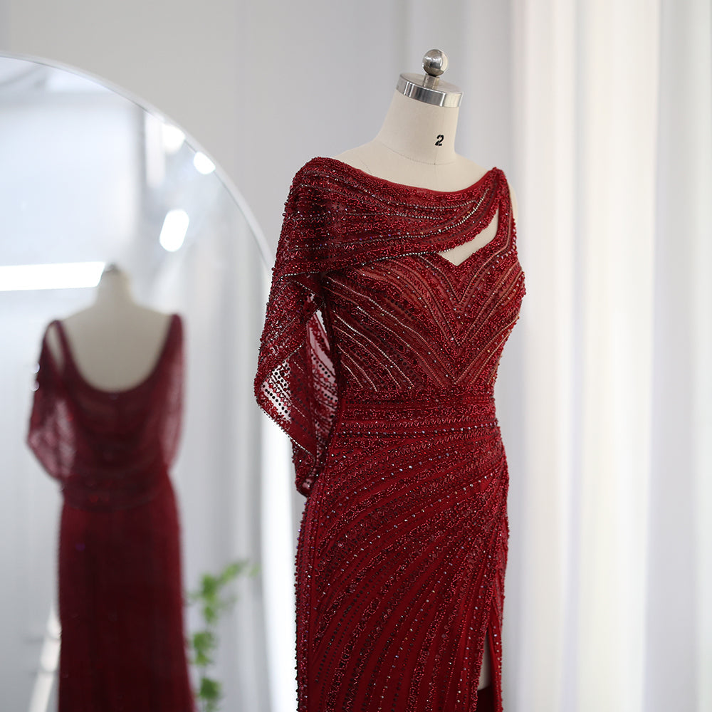 Luxury Beaded Silver Slit Mermaid Evening Dress with Cape SS035