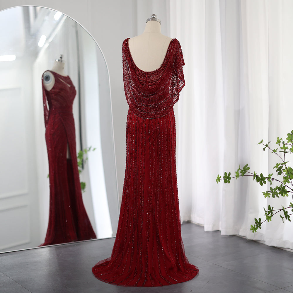 Luxury Beaded Silver Slit Mermaid Evening Dress with Cape SS035