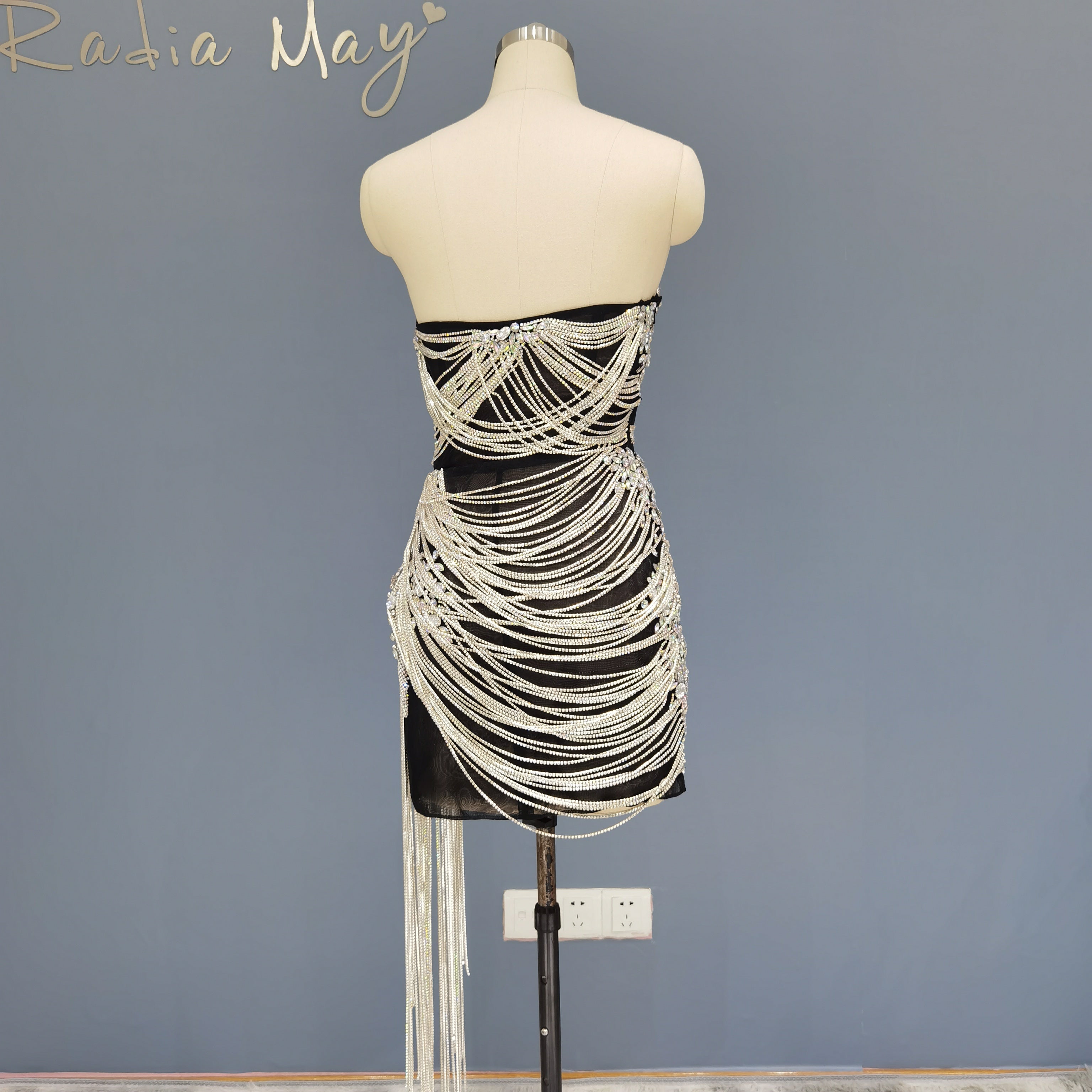 Luxury Crystal Tassels Strapless Short Cocktail Dress RM012