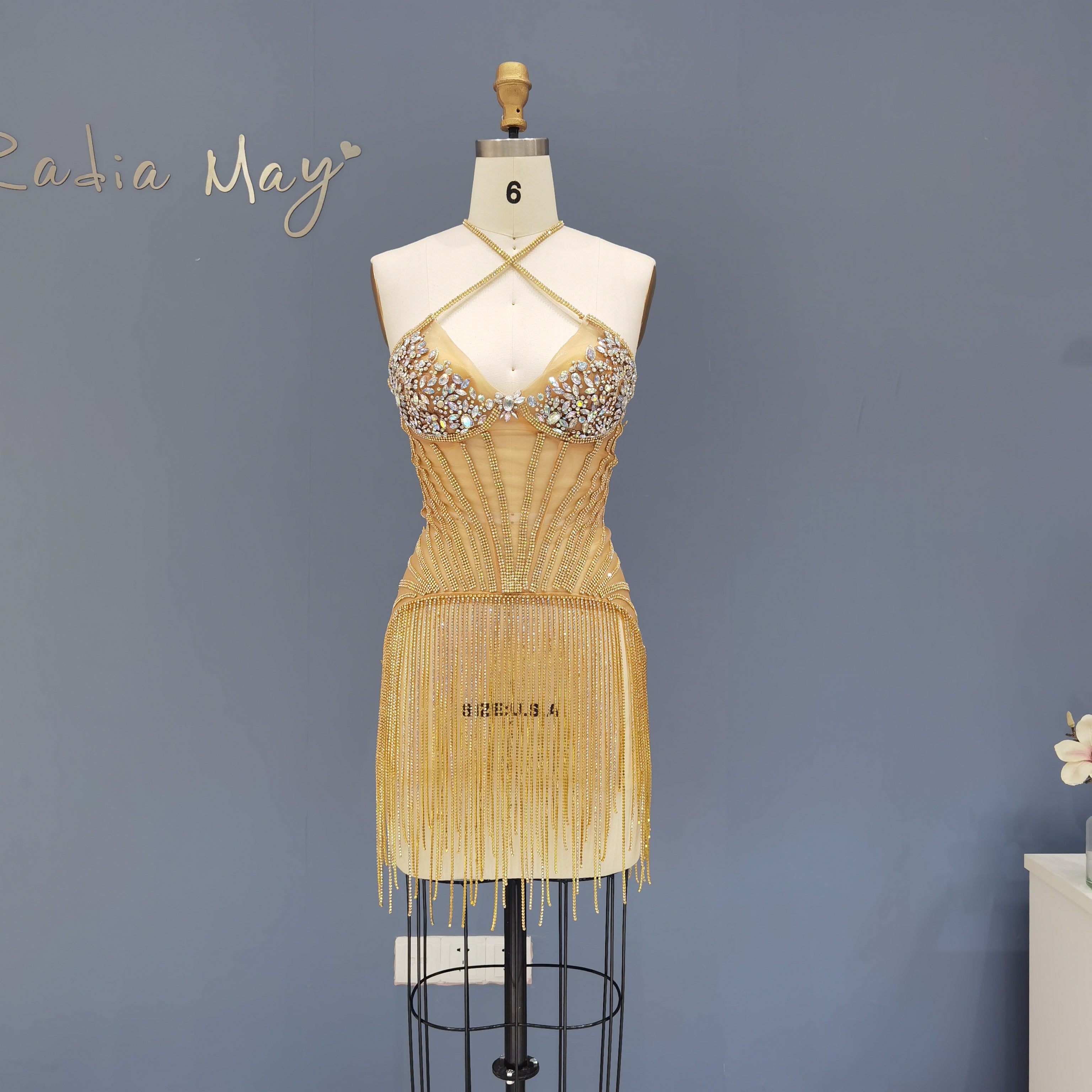 Luxury Crystal Tassels Criss Cross Halter Short Cocktail Dress RM011  Gold / US 10