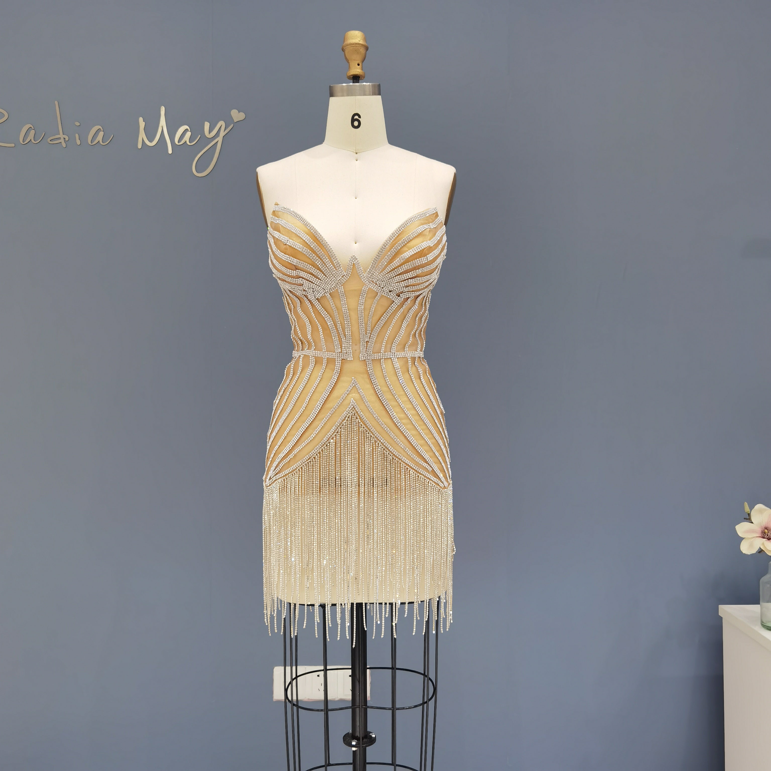 Luxury Beading Tassels Strapless Short Cocktail Dress RM016