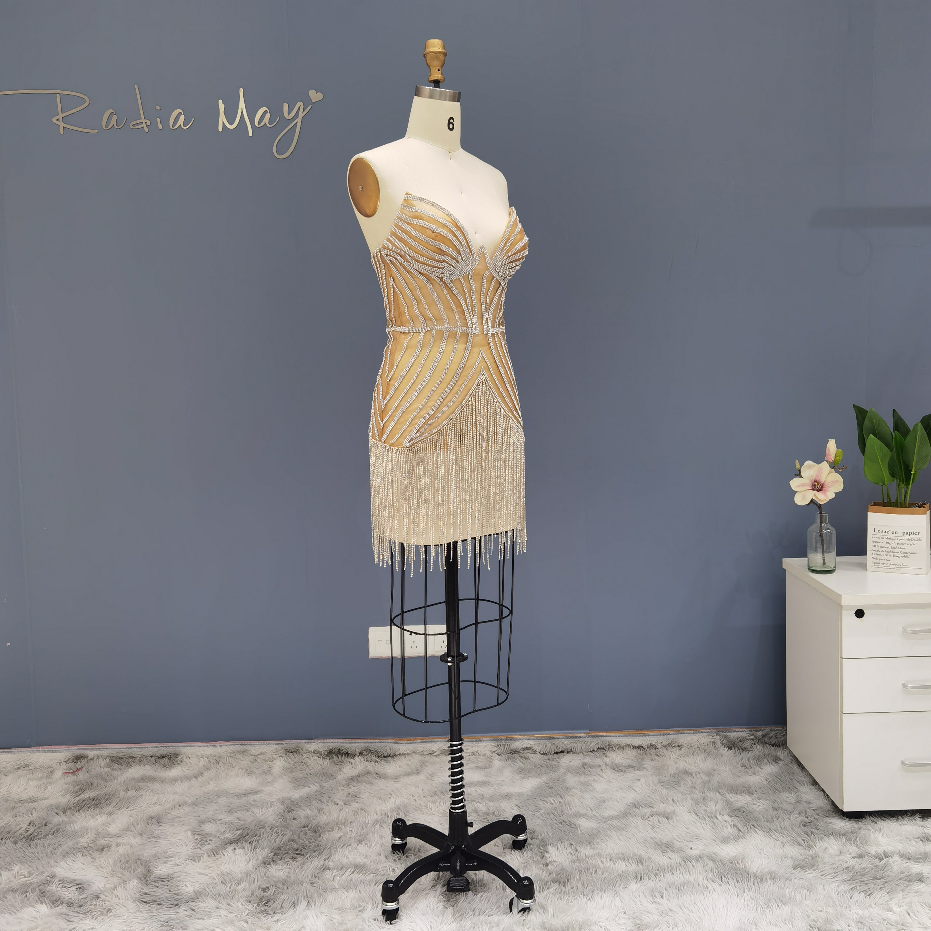 Luxury Beading Tassels Strapless Short Cocktail Dress RM016