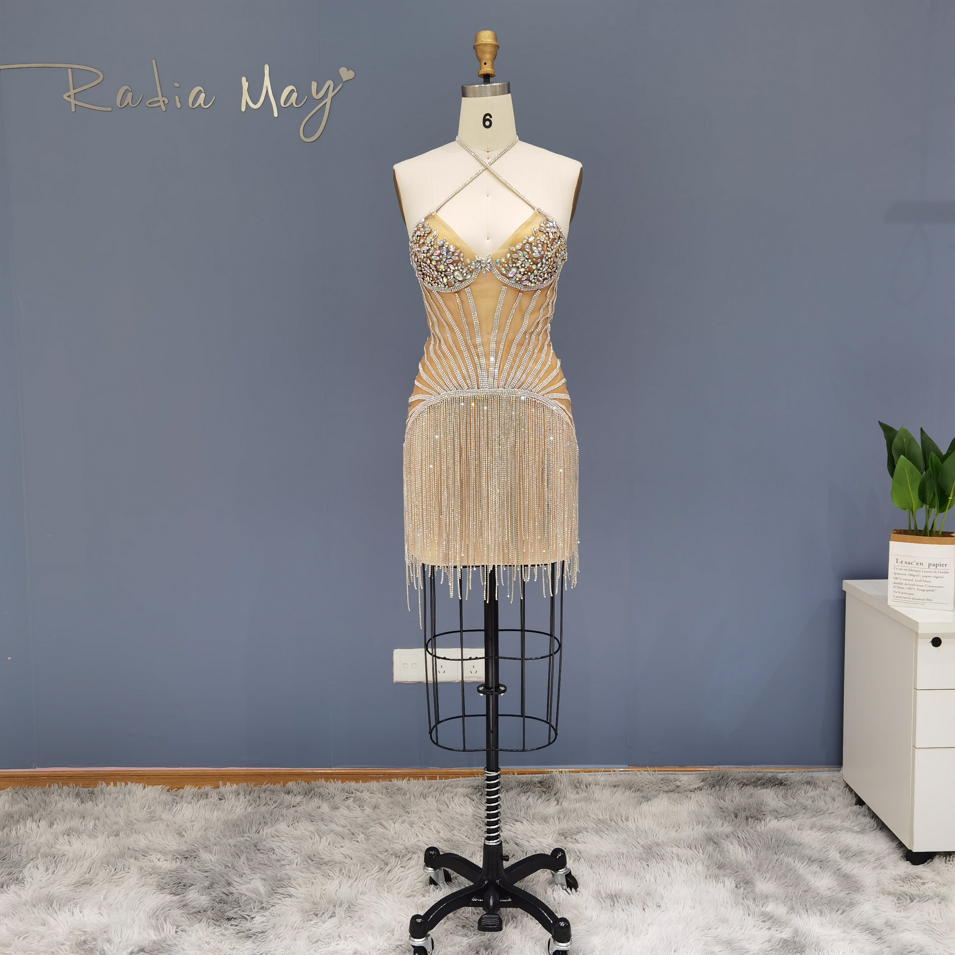 Luxury Crystal Tassels Criss Cross Halter Short Cocktail Dress RM011