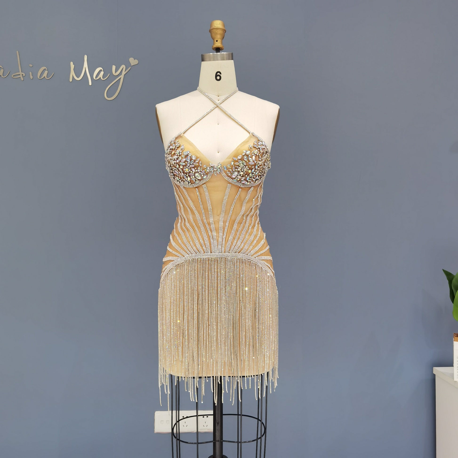 Luxury Crystal Tassels Criss Cross Halter Short Cocktail Dress RM011