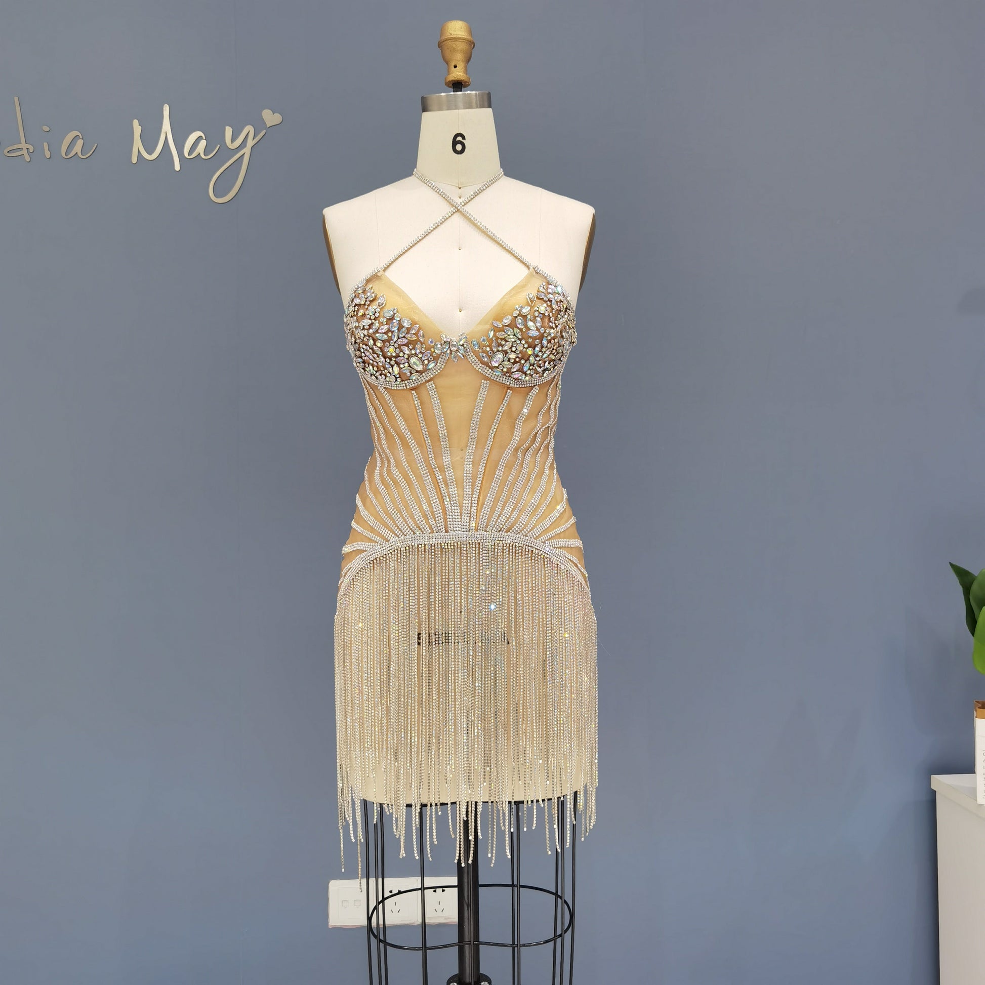 Luxury Crystal Tassels Criss Cross Halter Short Cocktail Dress RM011  Sliver / US 10