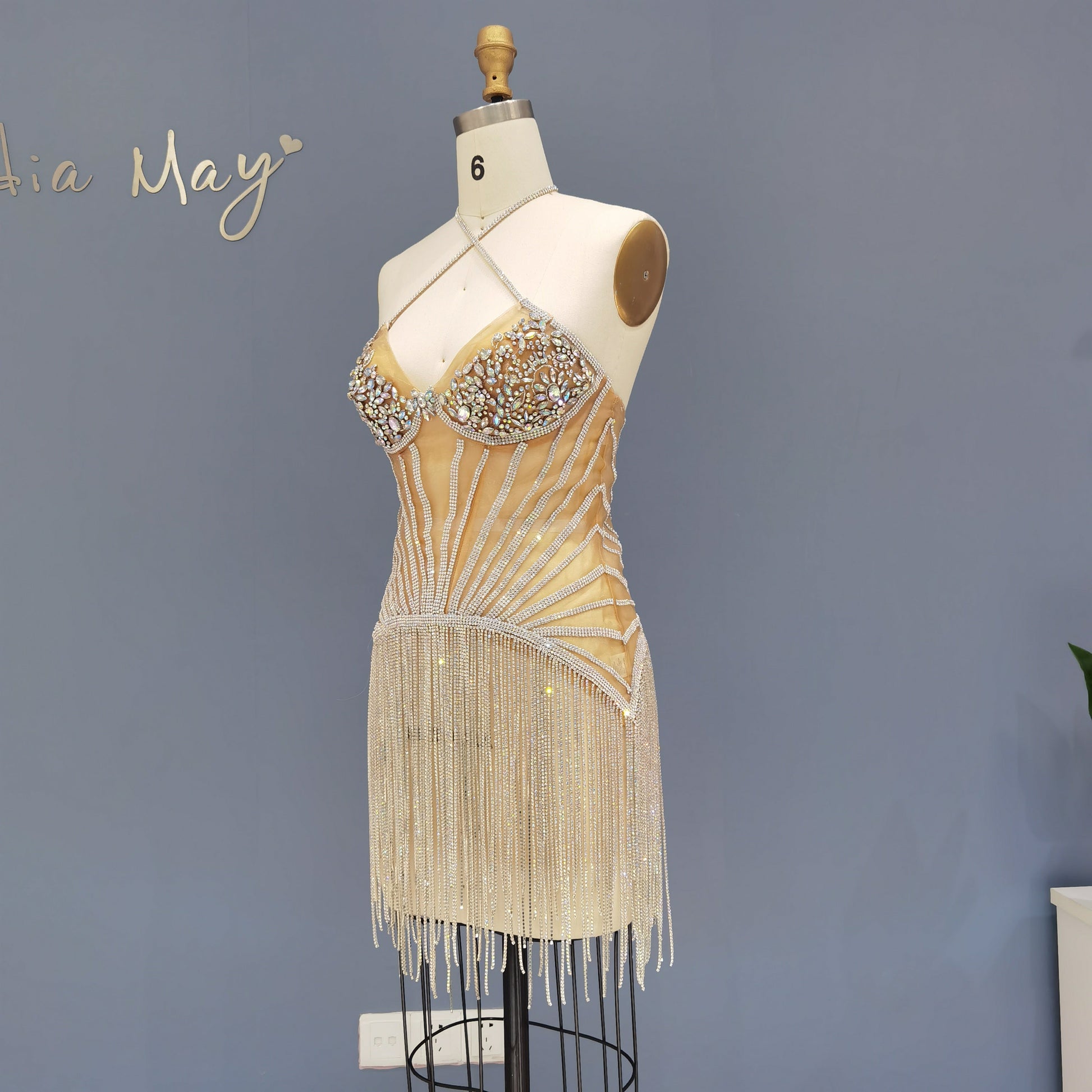 Luxury Crystal Tassels Criss Cross Halter Short Cocktail Dress RM011