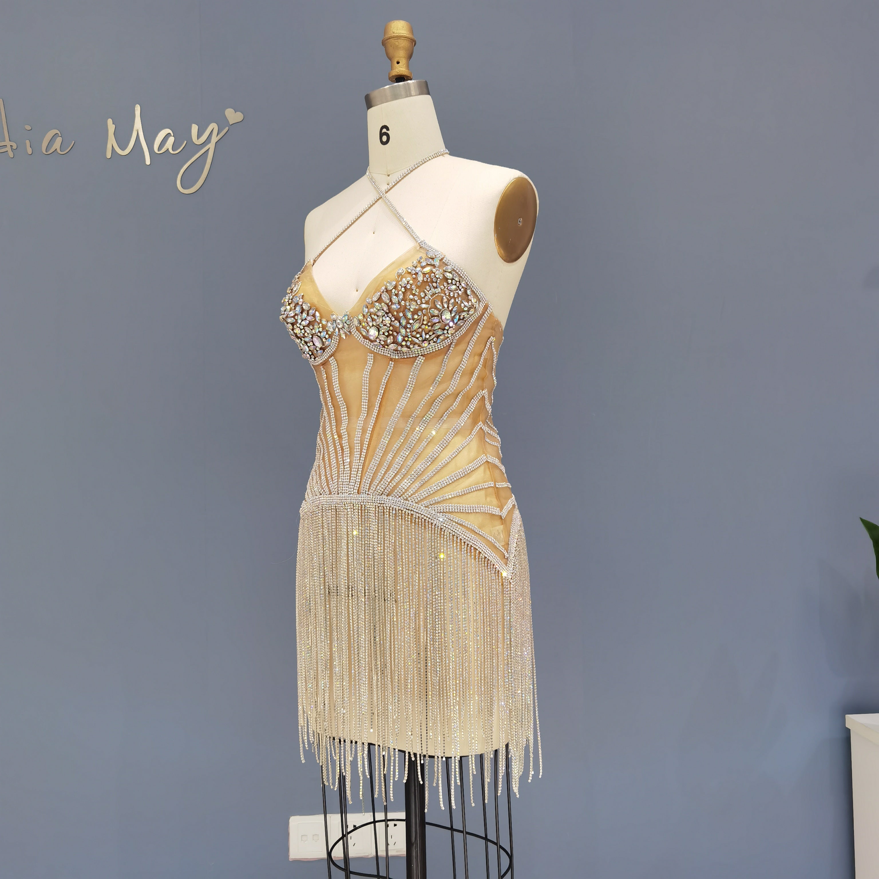 Luxury Crystal Tassels Criss Cross Halter Short Cocktail Dress RM011