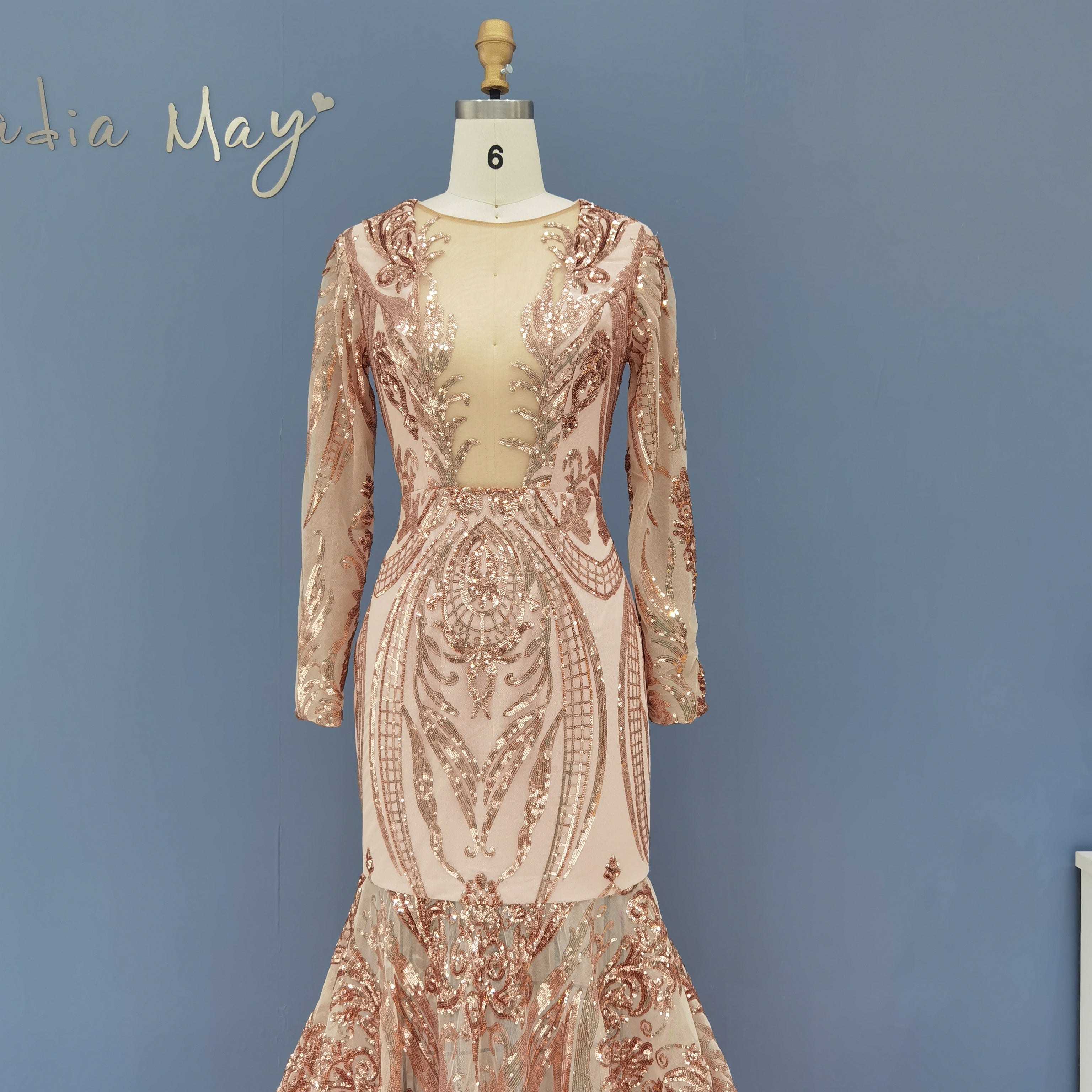 Luxury Sequin Long Sleeves Blue Prom Dress RM147