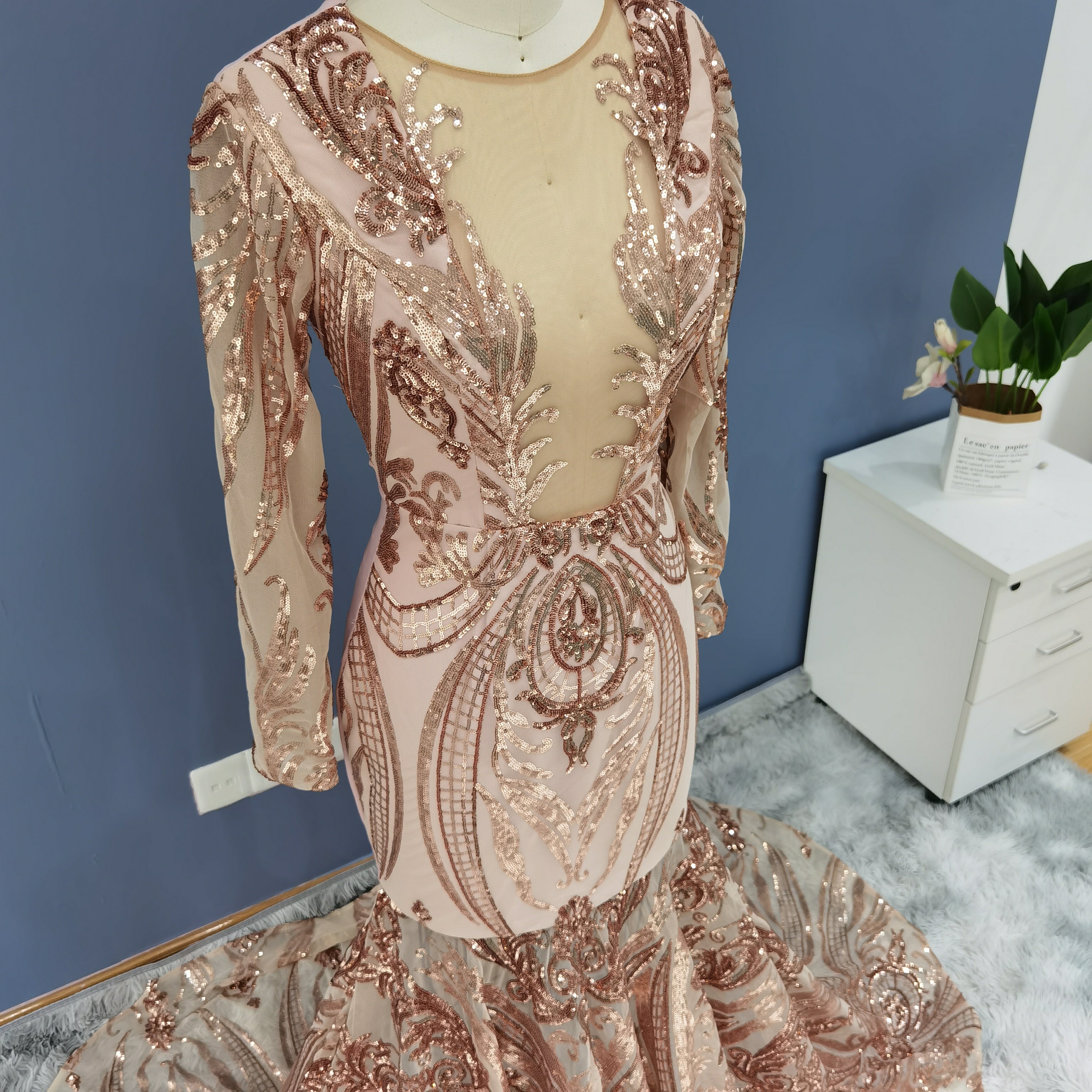 Luxury Sequin Long Sleeves Blue Prom Dress RM147