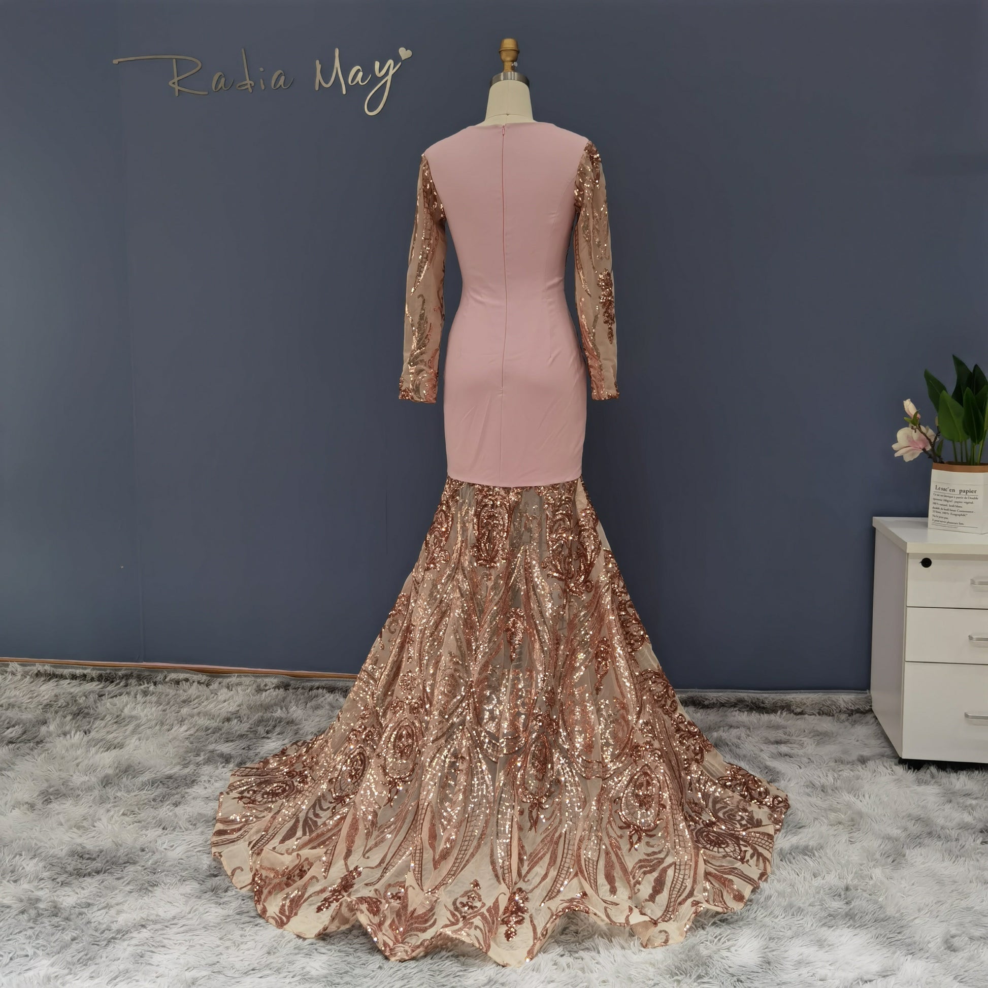 Luxury Sequin Long Sleeves Blue Prom Dress RM147