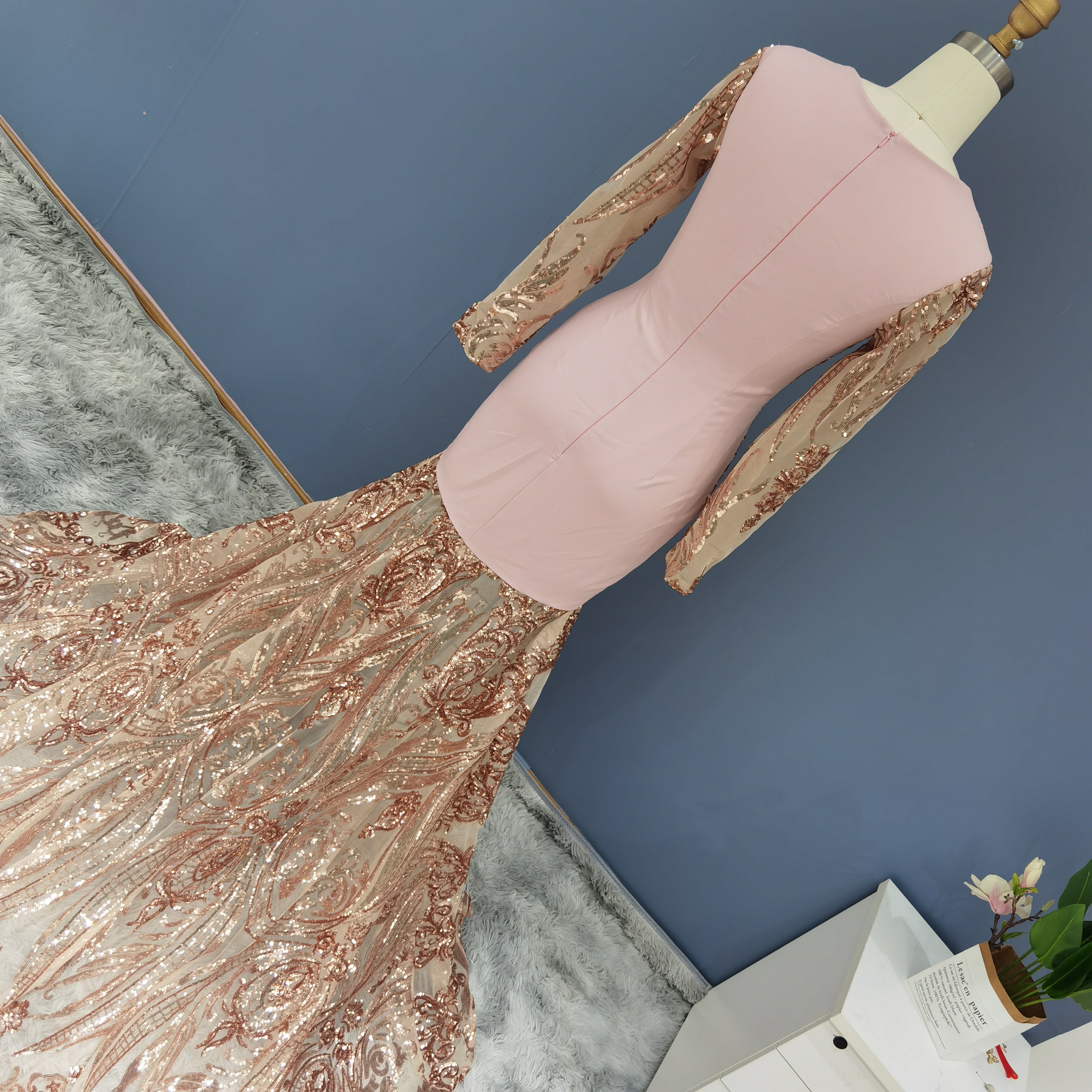 Luxury Sequin Long Sleeves Blue Prom Dress RM147