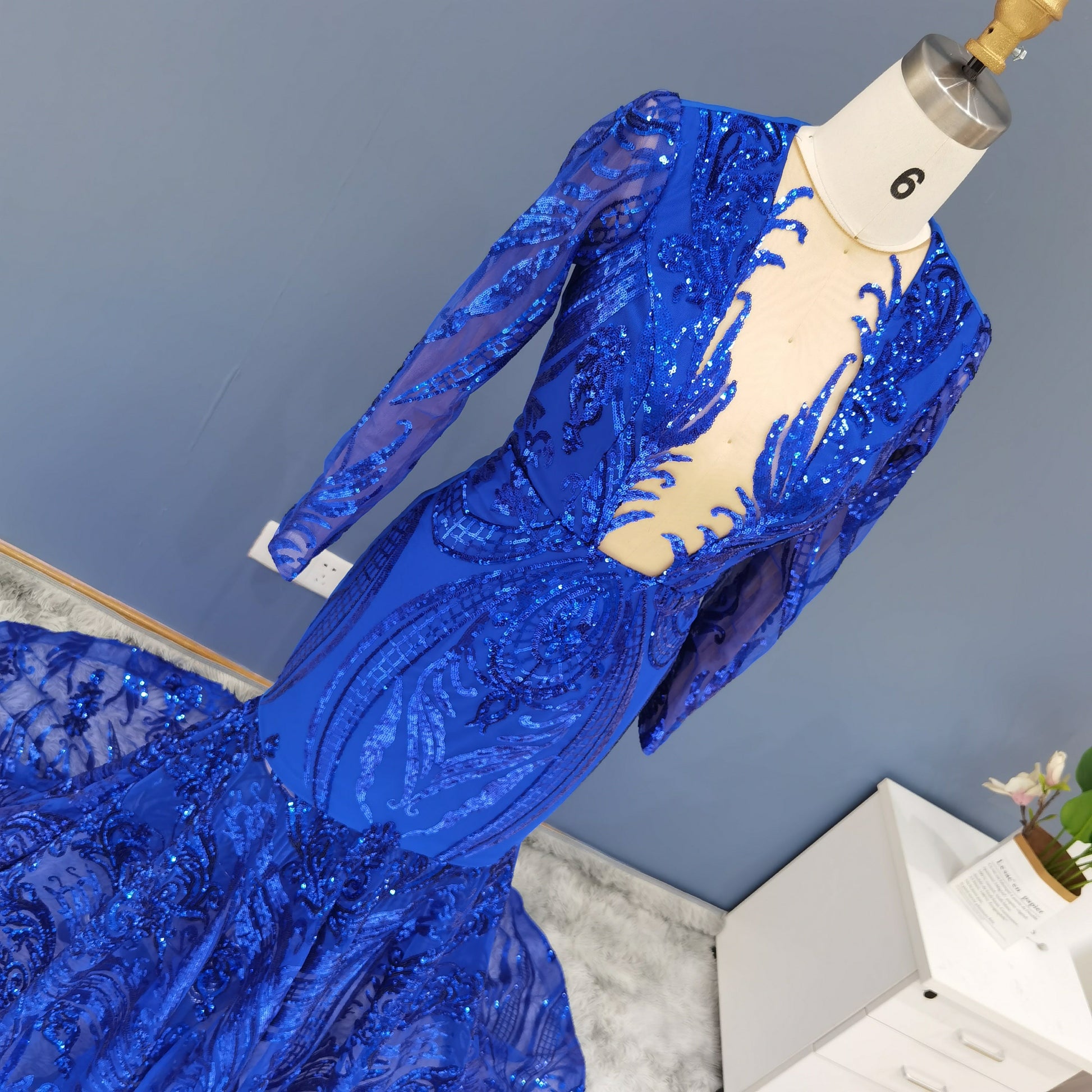 Luxury Sequin Long Sleeves Blue Prom Dress RM147