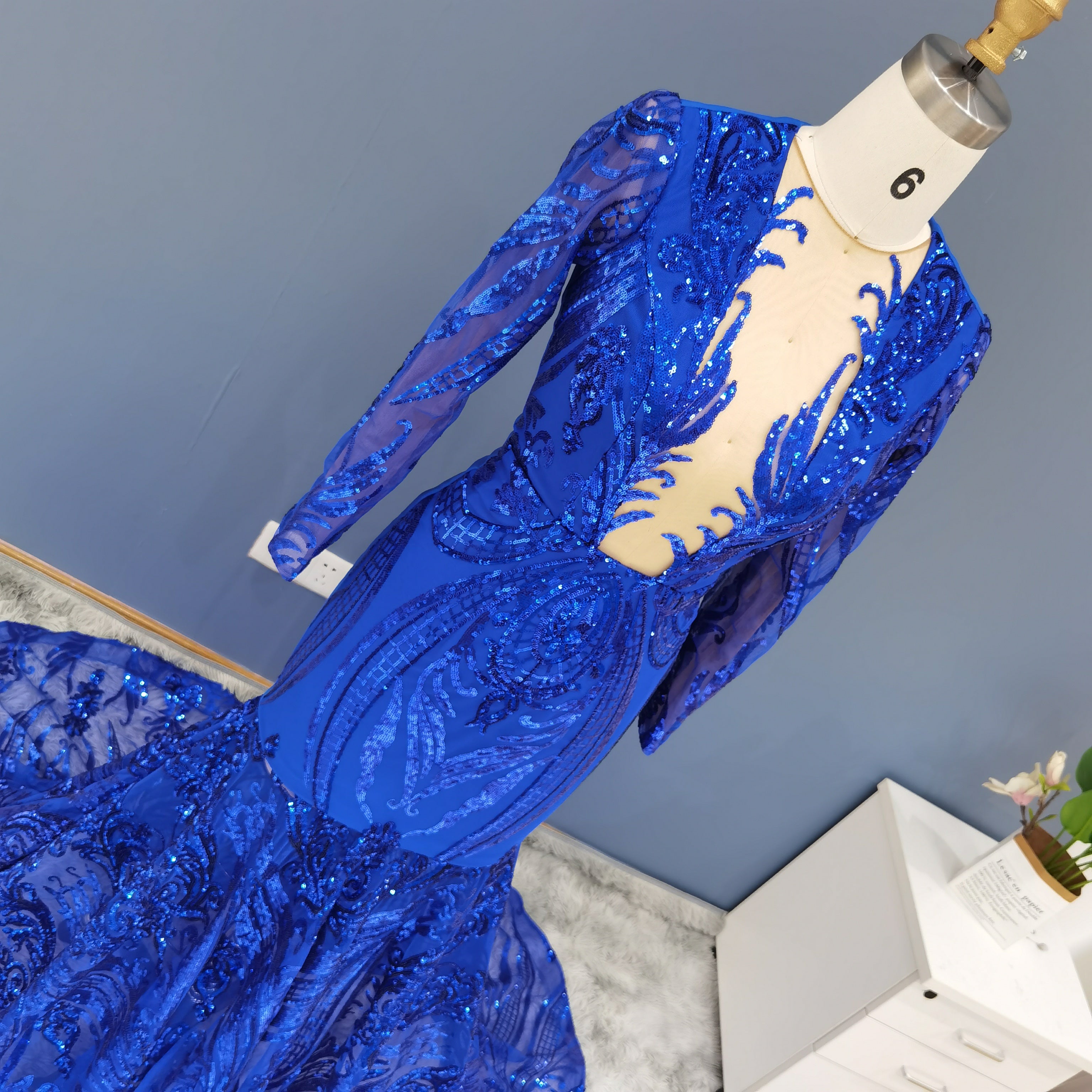Luxury Sequin Long Sleeves Blue Prom Dress RM147