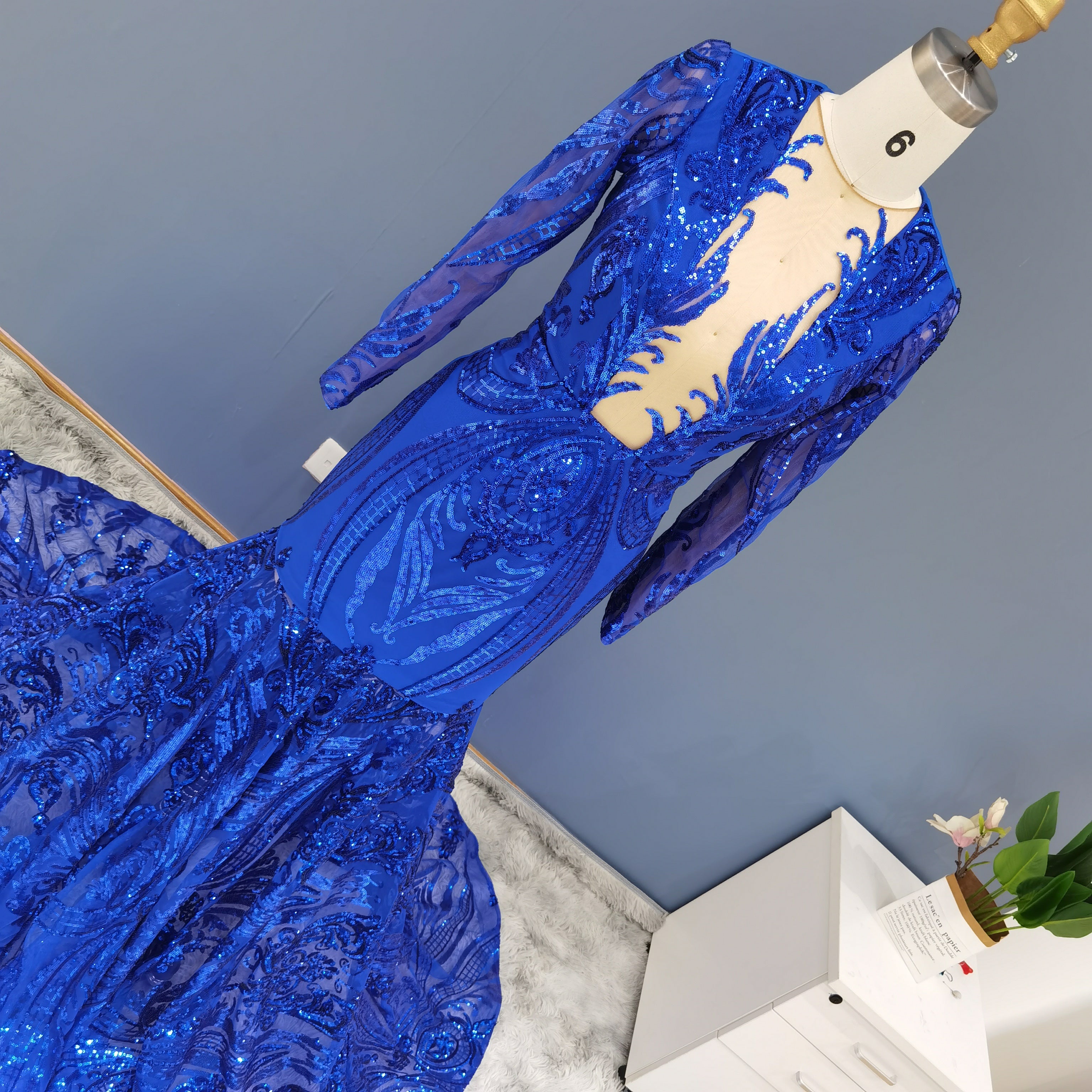 Luxury Sequin Long Sleeves Blue Prom Dress RM147