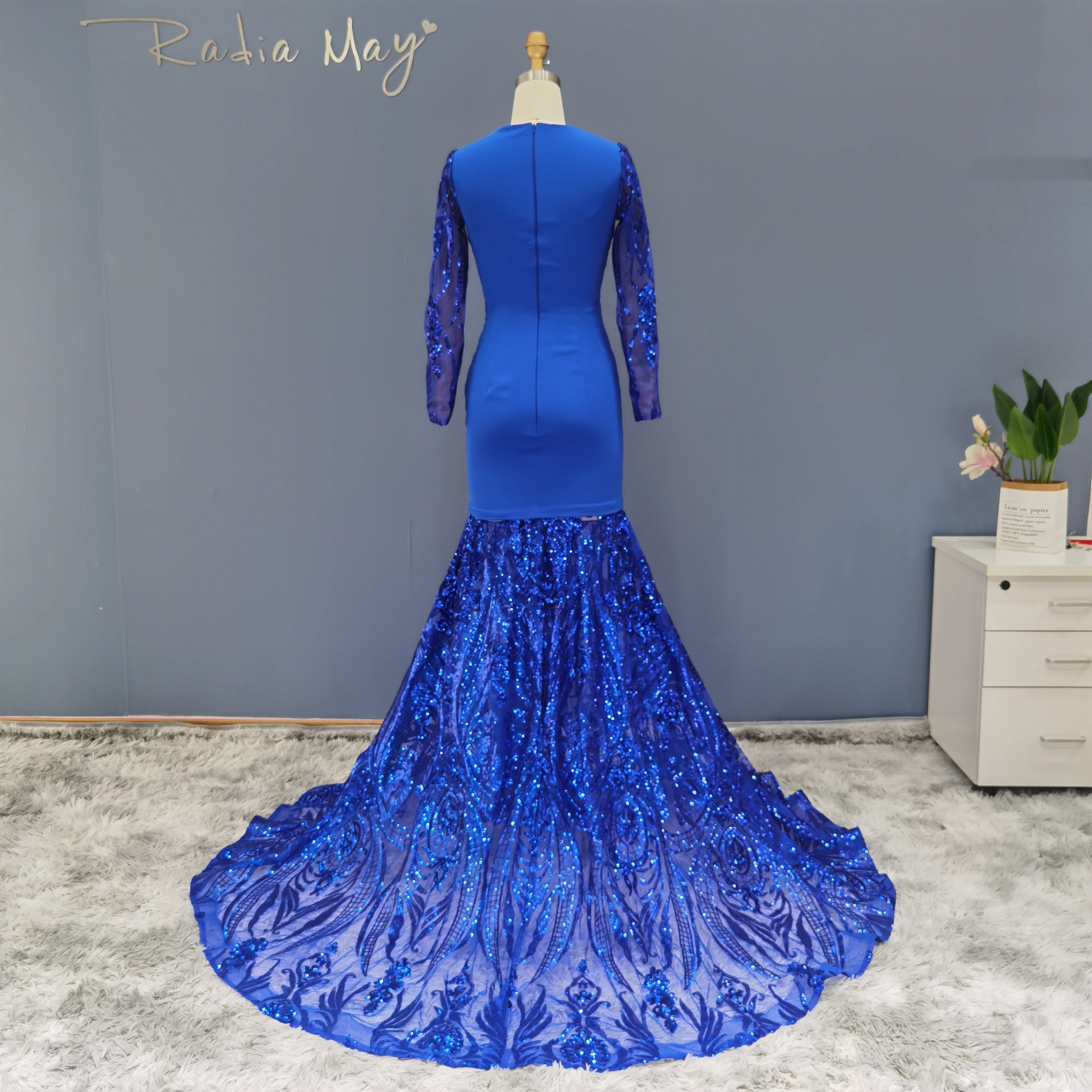 Luxury Sequin Long Sleeves Blue Prom Dress RM147