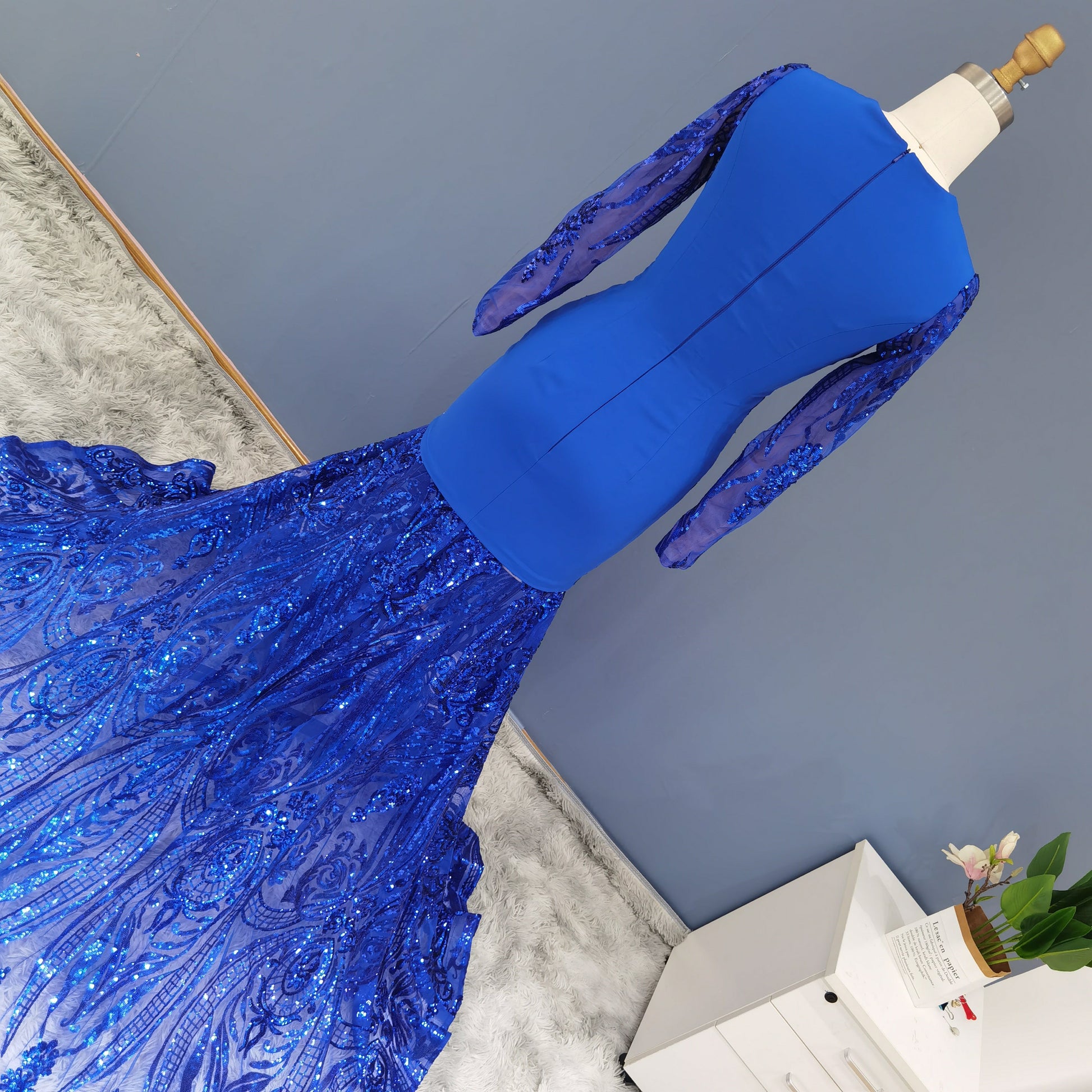 Luxury Sequin Long Sleeves Blue Prom Dress RM147