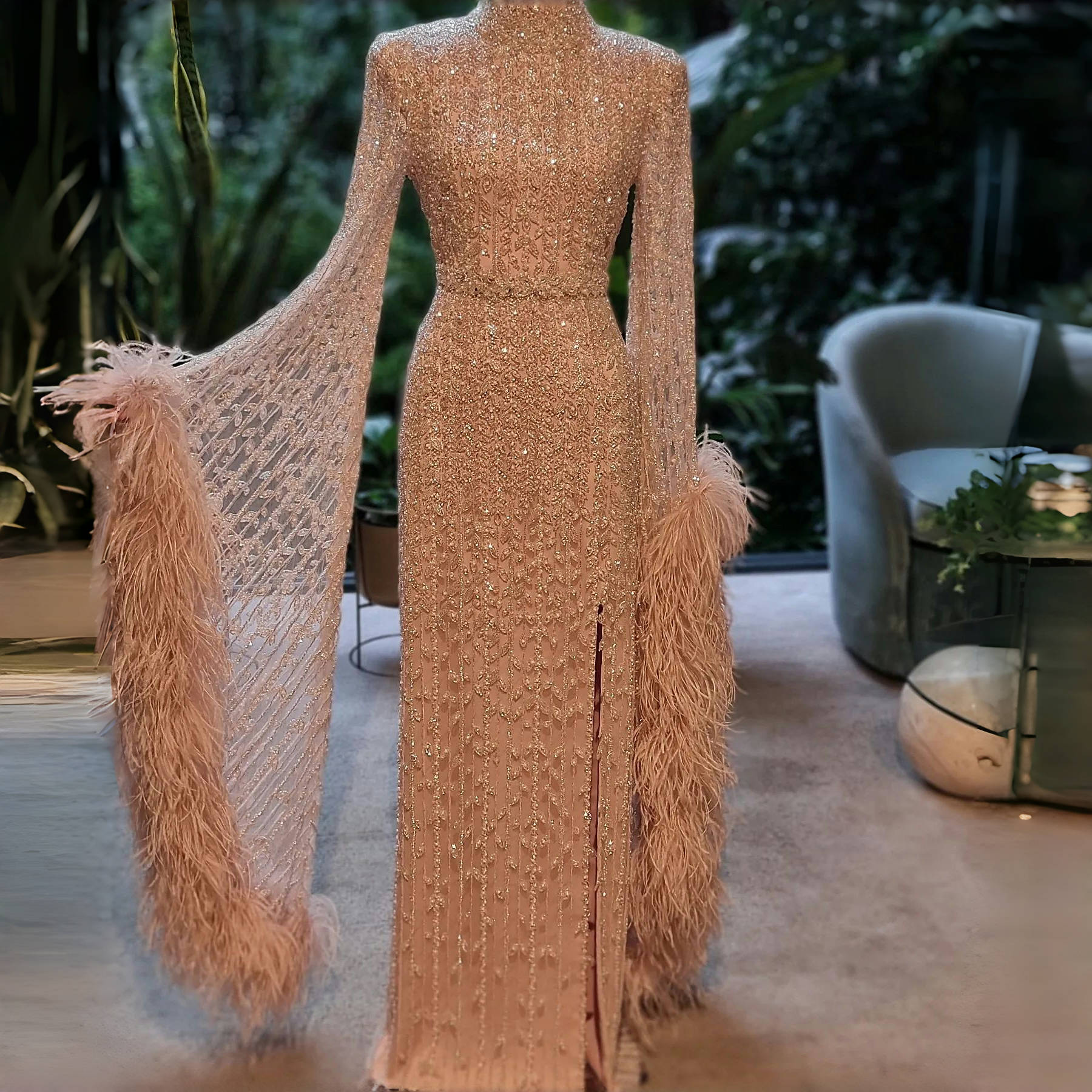 Luxury Rose Gold Evening Dress with Feathered Cape Sleeves SS788  Rose Gold / US 18