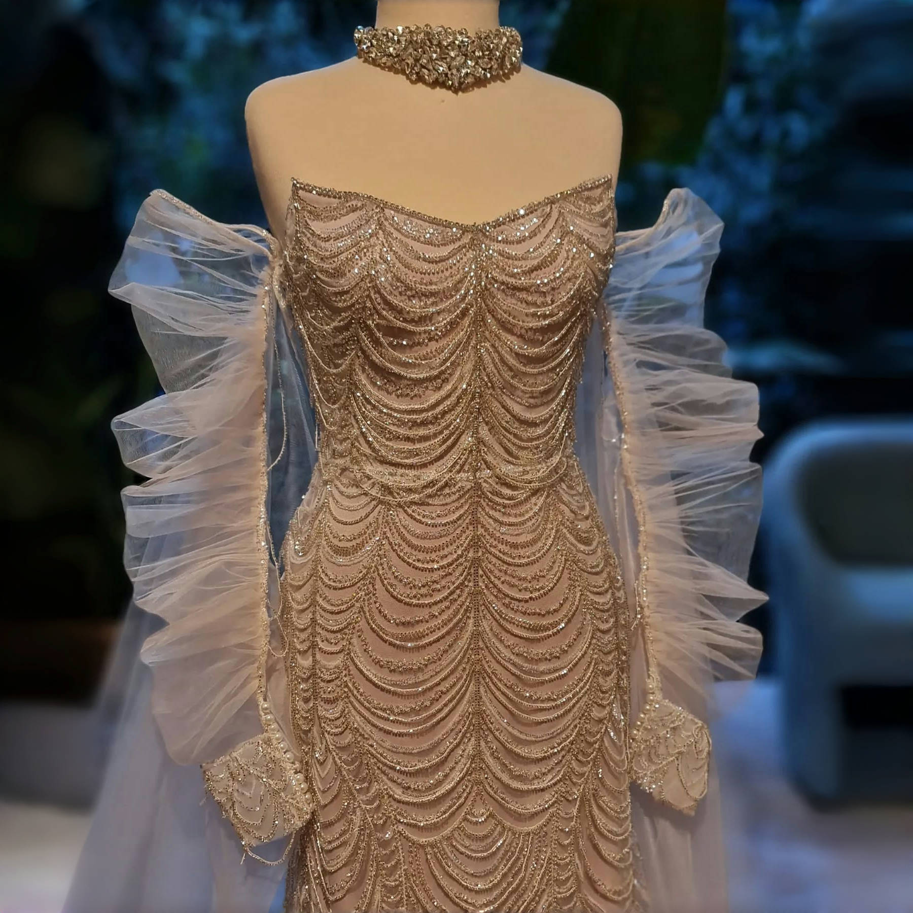 Luxury Beading Tassel Evening Dress with Cape Sleeves SS535