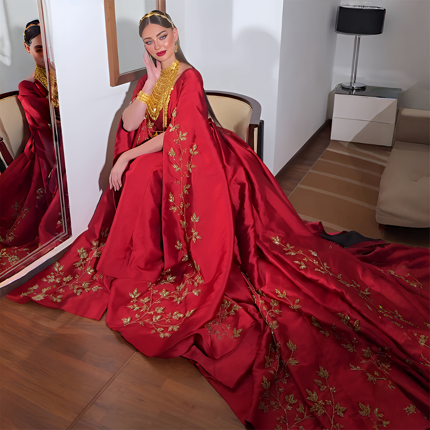 Elegant Red Evening Dress with Gold Floral Embroidery Cape Sleeves SS568