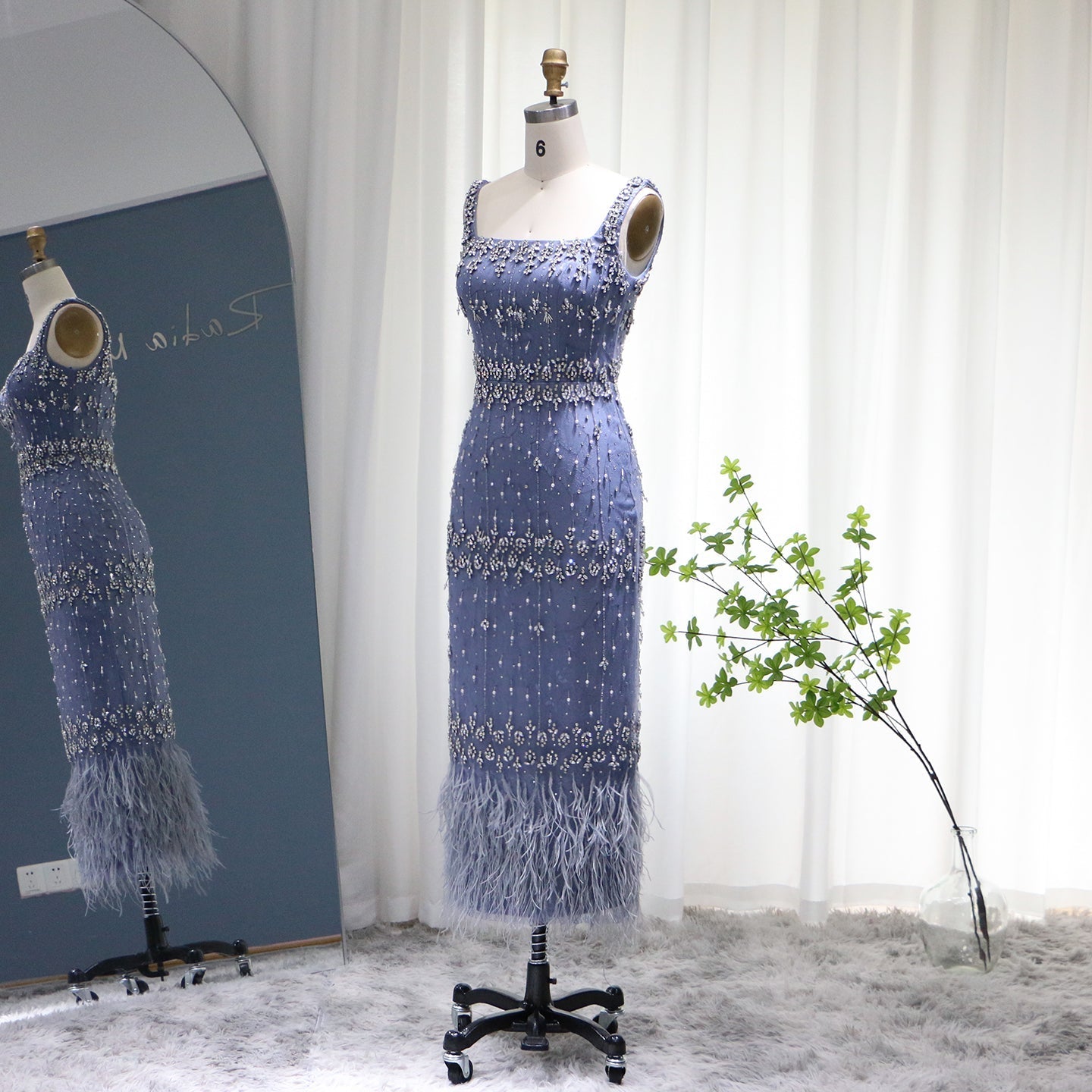 Luxury Gray Feather Straight Evening Dress with Cape Sleeves SS279