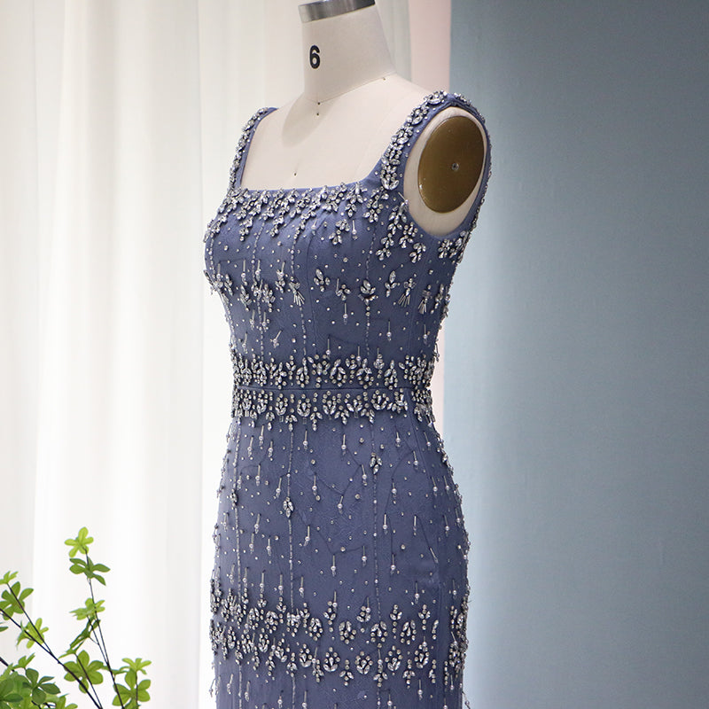 Luxury Gray Feather Straight Evening Dress with Cape Sleeves SS279