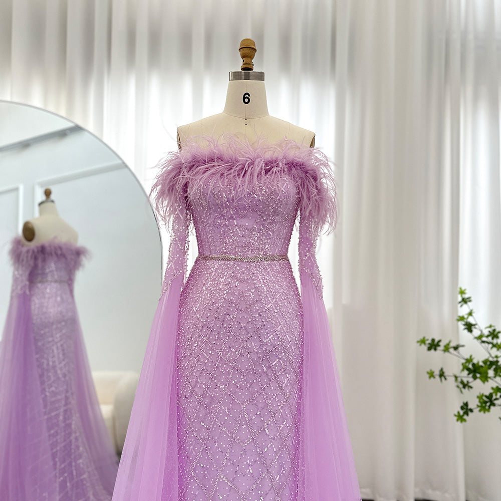 Dreamy Vow Luxury Feather Turquoise Dubai Evening Dress with Cape Sleeves Lilac Arabic Women Wedding Party Prom Gown 261